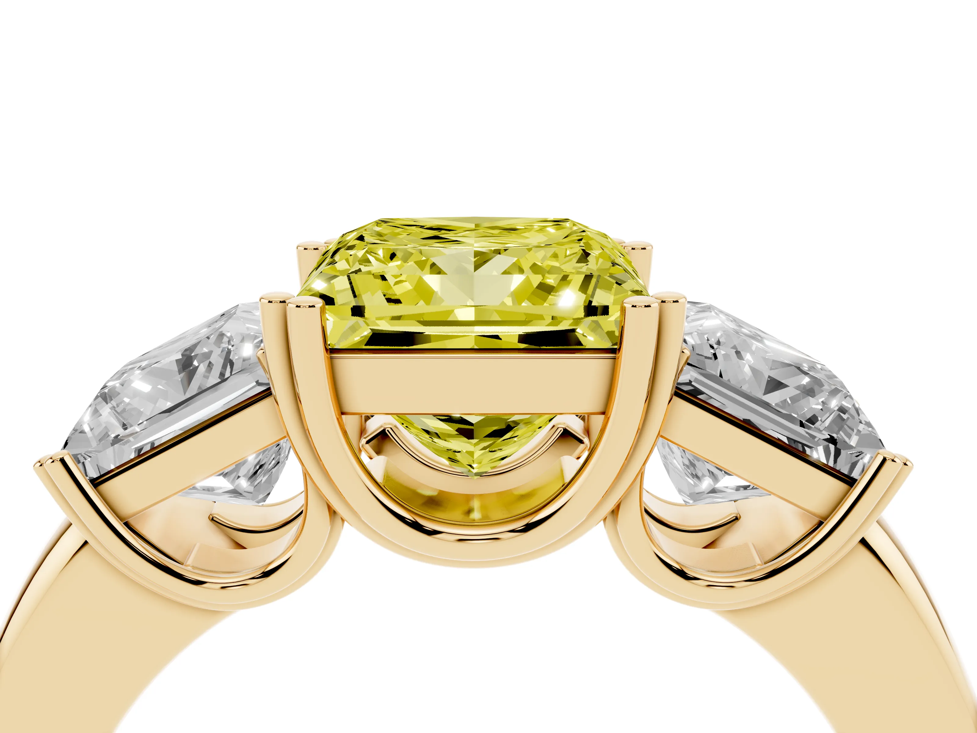 Fancy Yellow Princess Cut Diamond Three-Stone Ring Set in Yellow gold with Polished Channel-Set Band