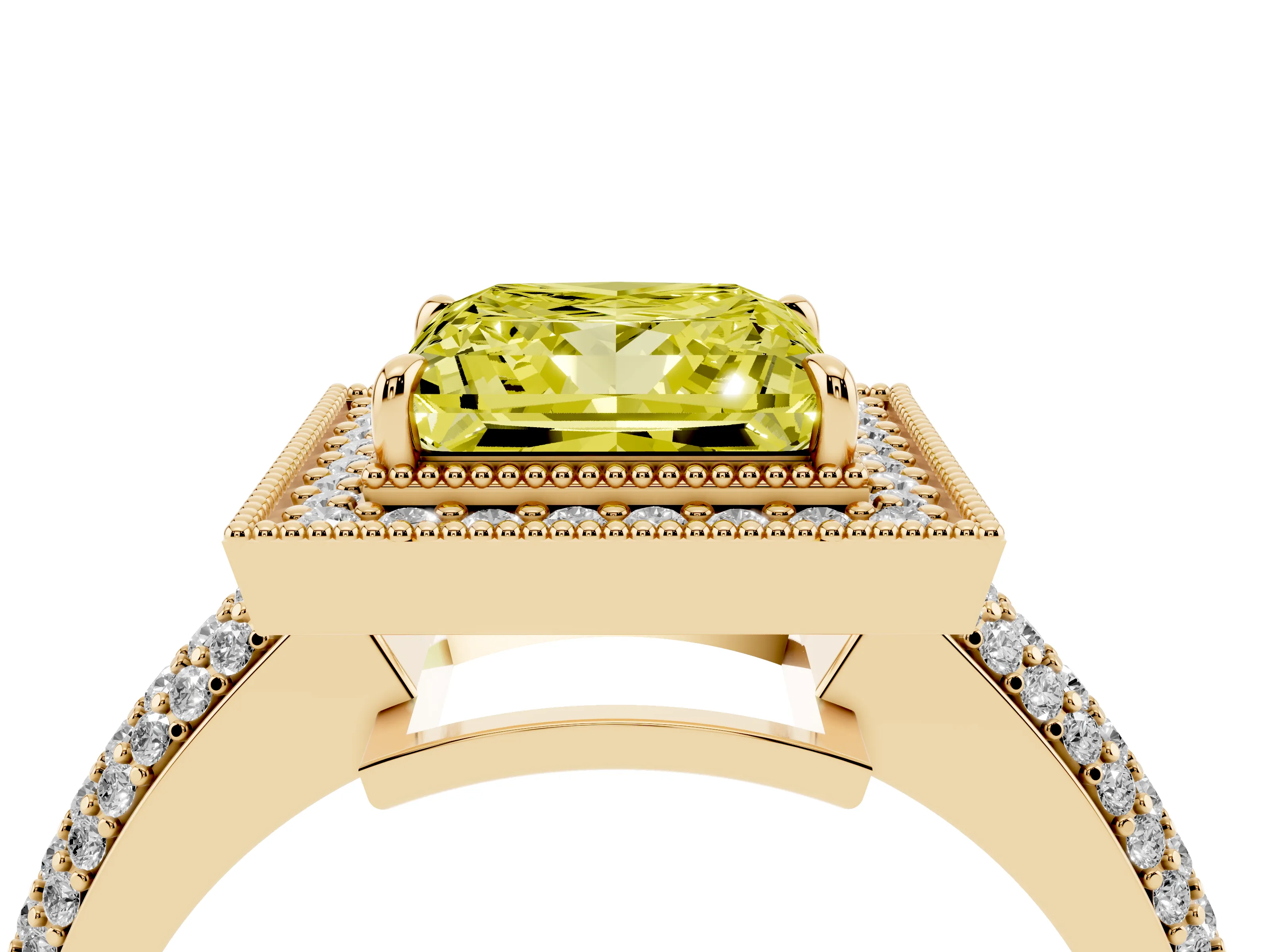 Fancy Yellow Princess Cut Diamond Halo Pavé Band Set in Yellow gold with Prong Setting