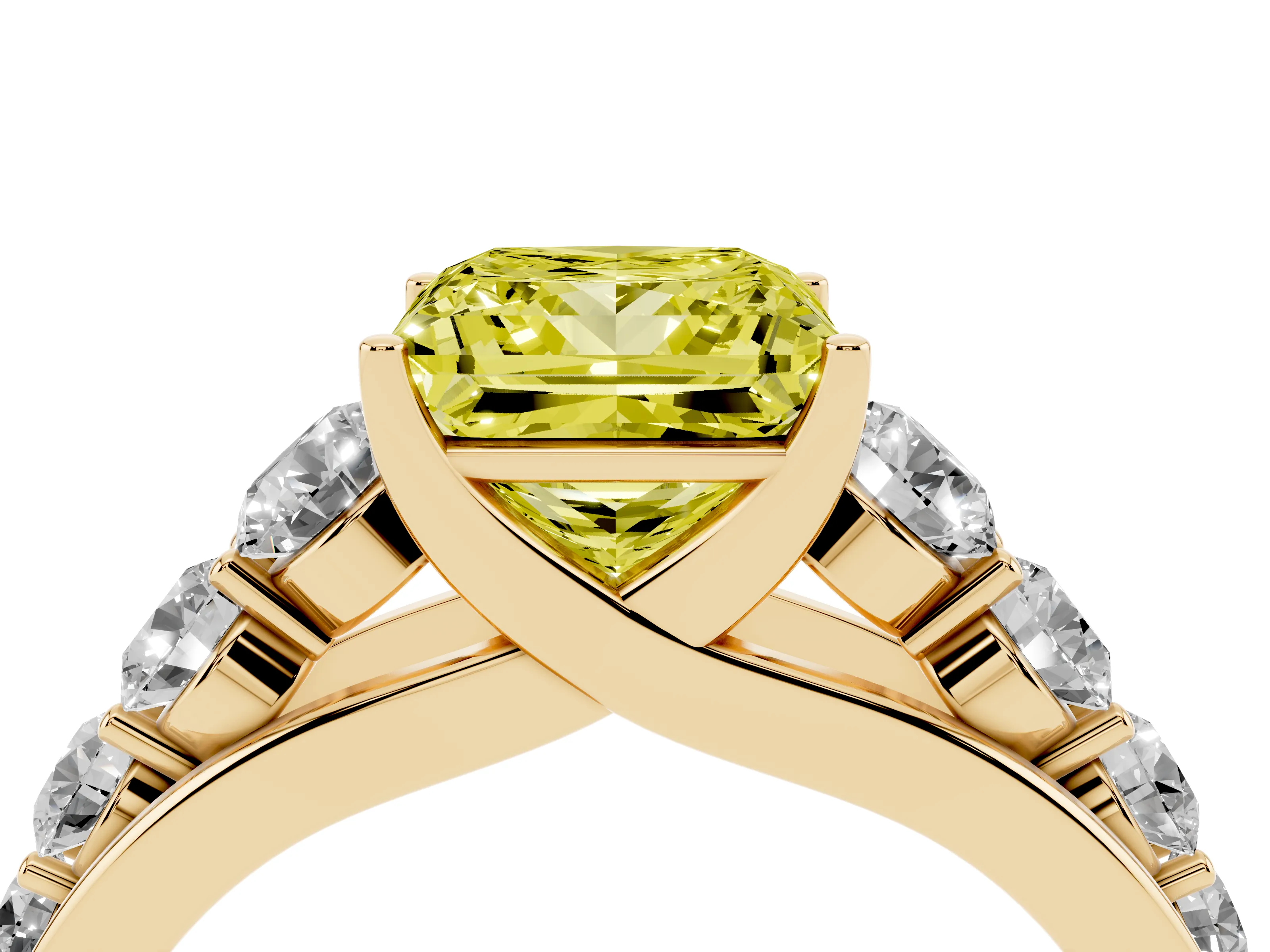 Fancy Yellow Princess Cut Diamond Solitaire Ring Set in Yellow gold with Pavé-Set Band and Prong Setting