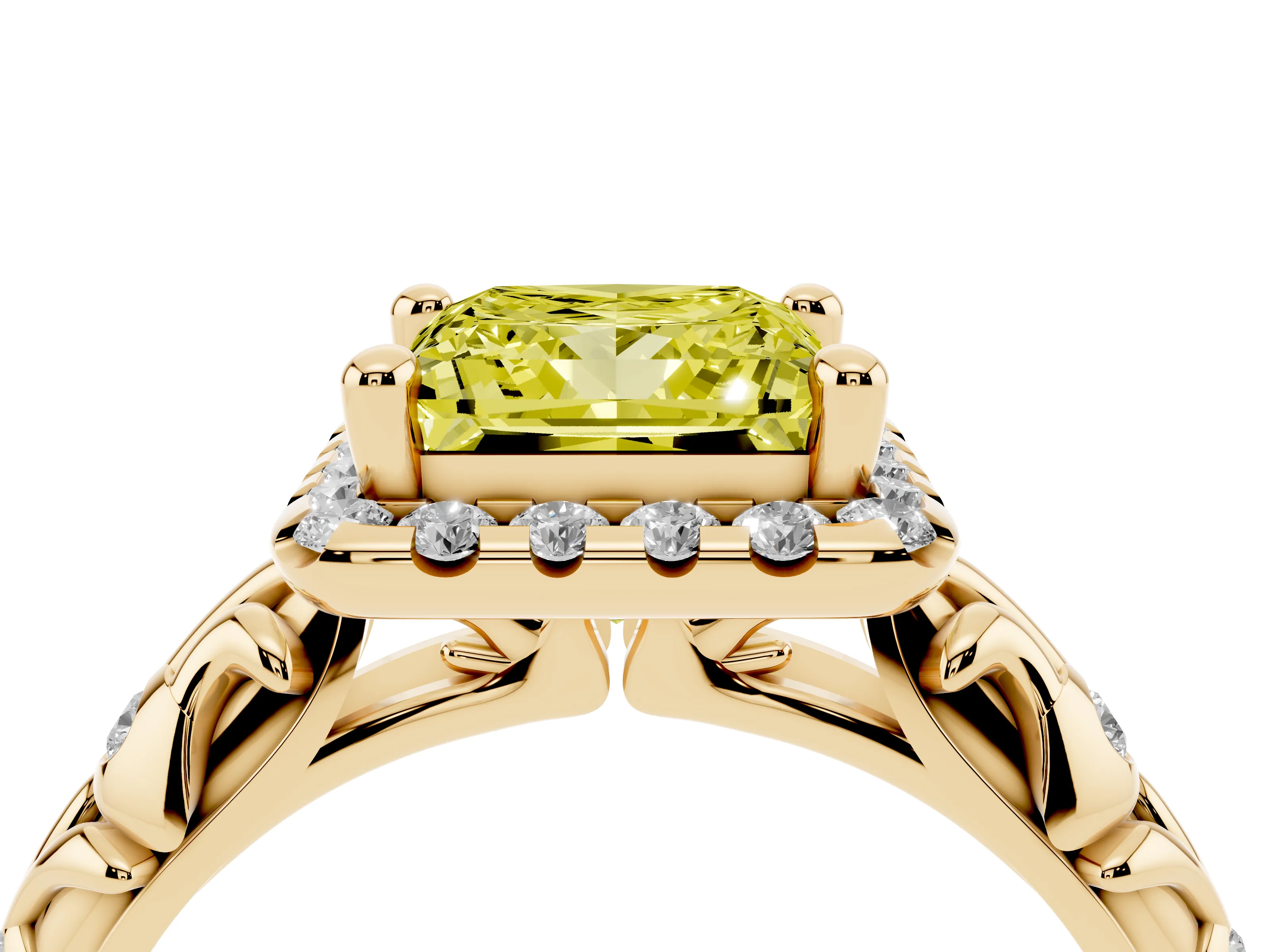 Fancy Yellow Princess Cut Diamond Halo Ring Set in Yellow gold with Filigree Leaf Band and Prong Setting
