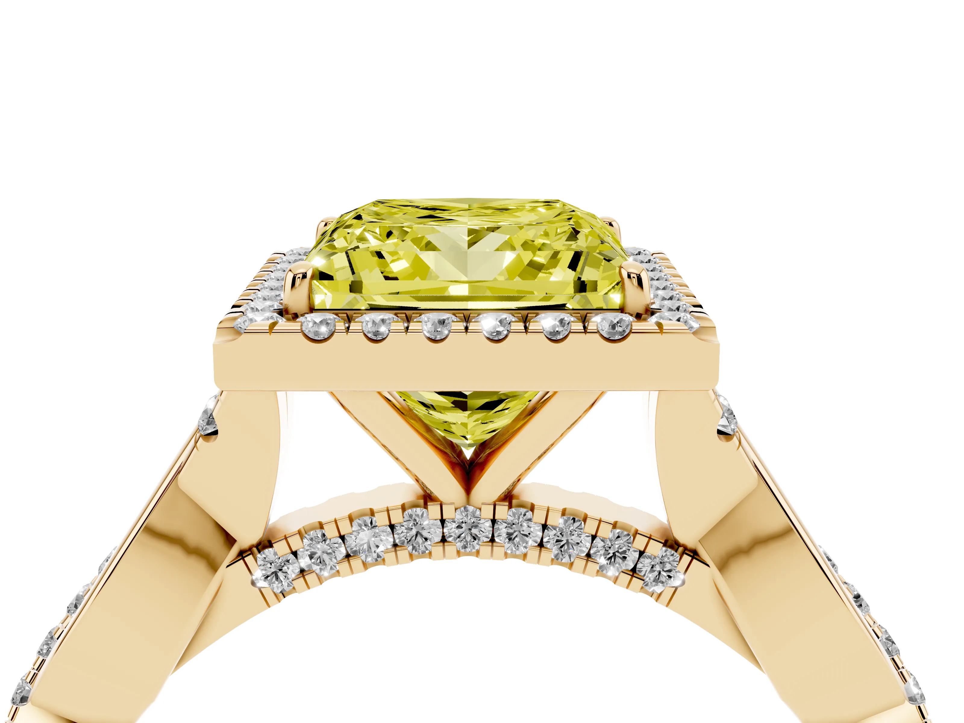 Fancy Yellow Princess Cut Diamond Halo Twist Band Solitaire Ring Set in Yellow gold with Prong Setting