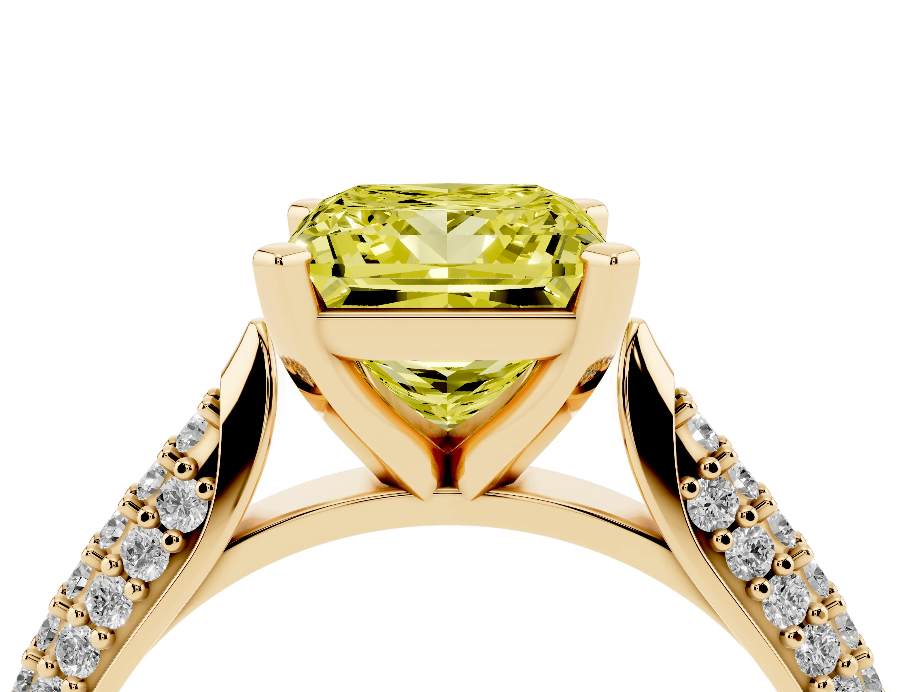 Fancy Yellow Princess Cut Diamond Solitaire Engagement Ring Set in Yellow gold with Multi-Row Round Pavé Band and Prong Setting