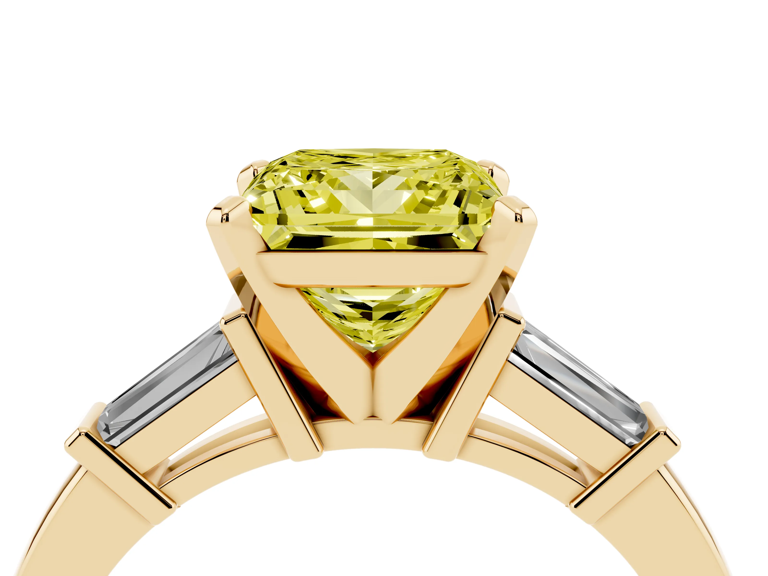 Fancy Yellow Princess Cut Diamond Solitaire Ring Set in Yellow gold with Tapered Baguette Accents and Prong Setting