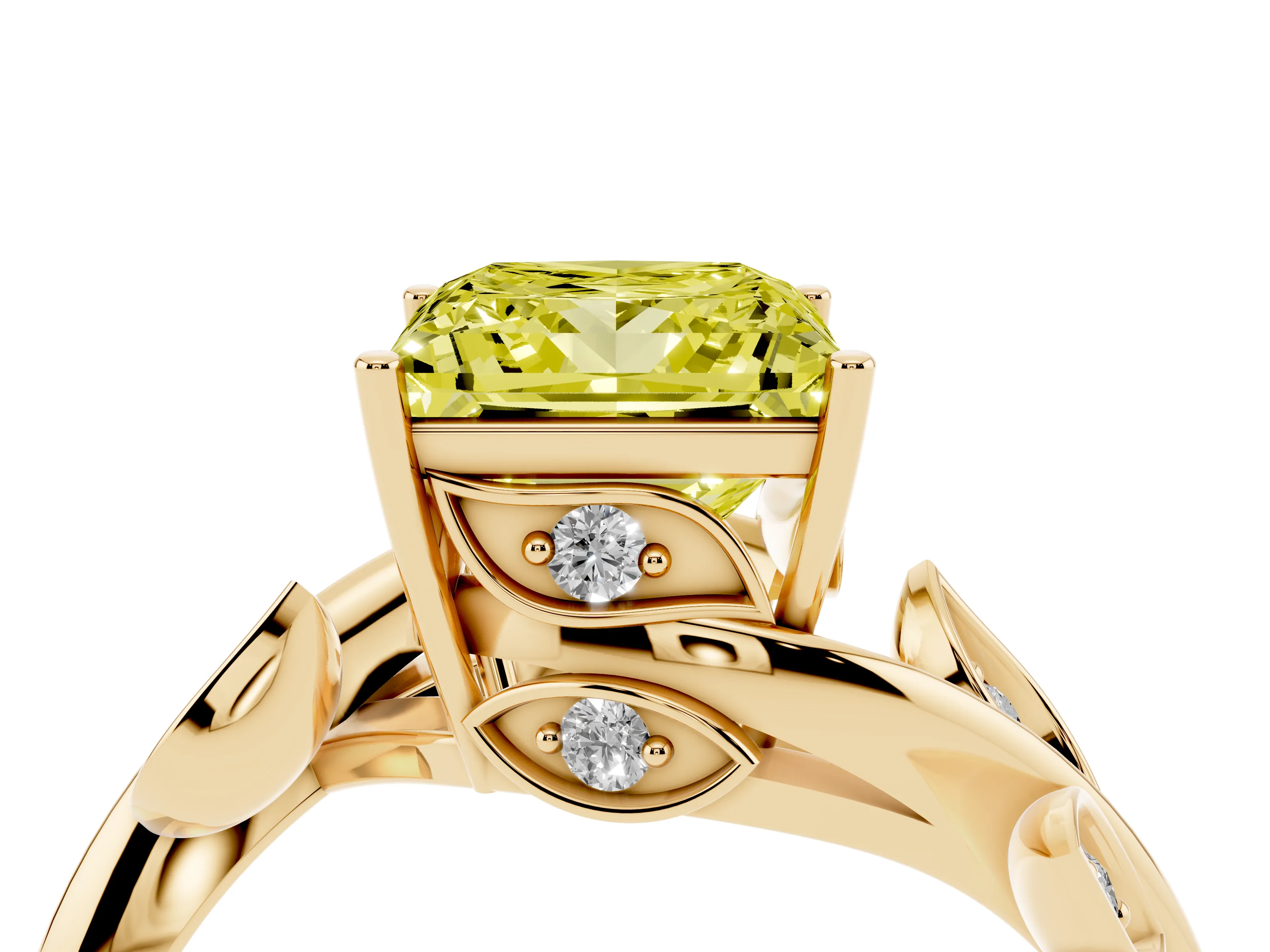 Fancy Yellow Princess Cut Diamond Solitaire Twist Engagement Ring Set in Yellow gold with Pavé Leaf Accents