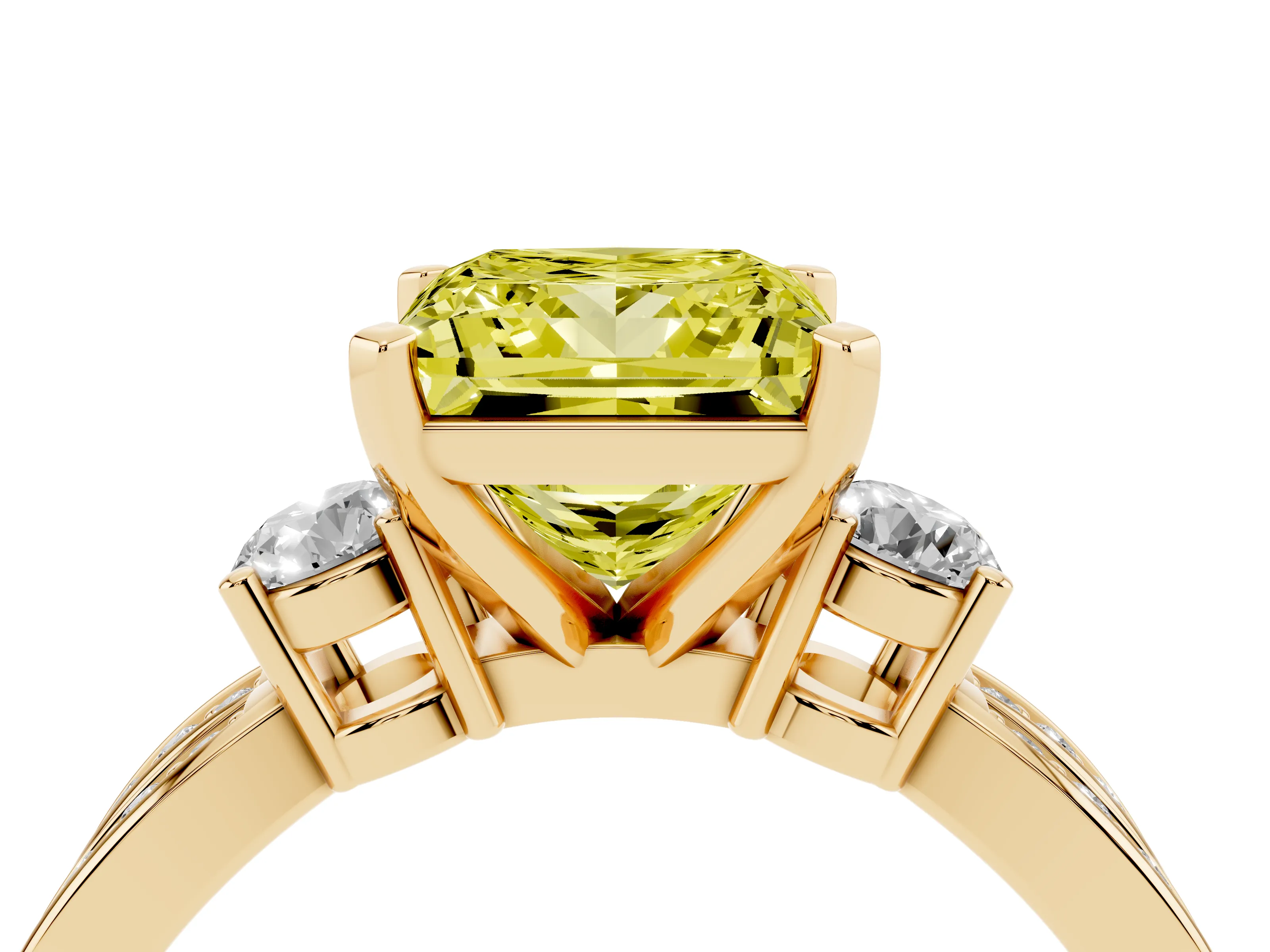 Fancy Yellow Three-Stone Princess Cut Diamond Twist Band Ring Set in Yellow gold with Pavé Accents and Prong Setting