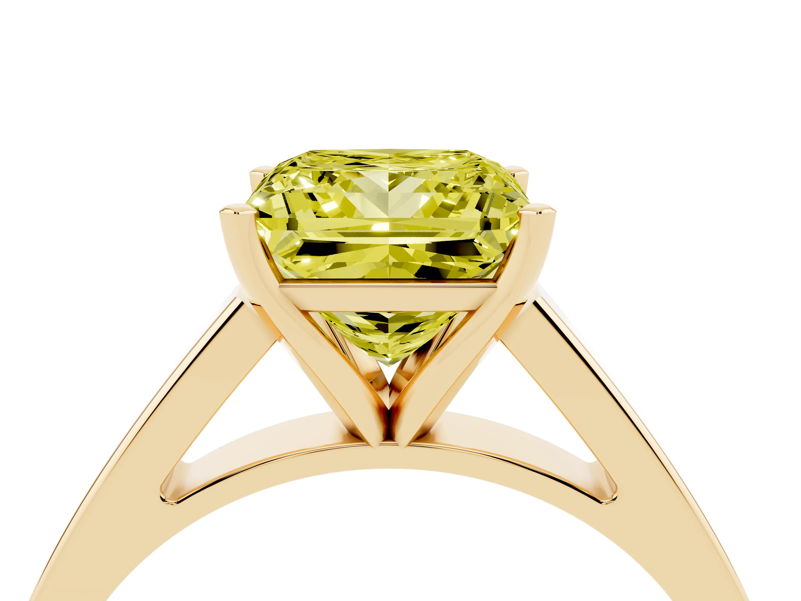 Fancy Yellow Princess Cut Diamond Solitaire Engagement Ring Set in Yellow gold with Prong Setting and Tapered Band