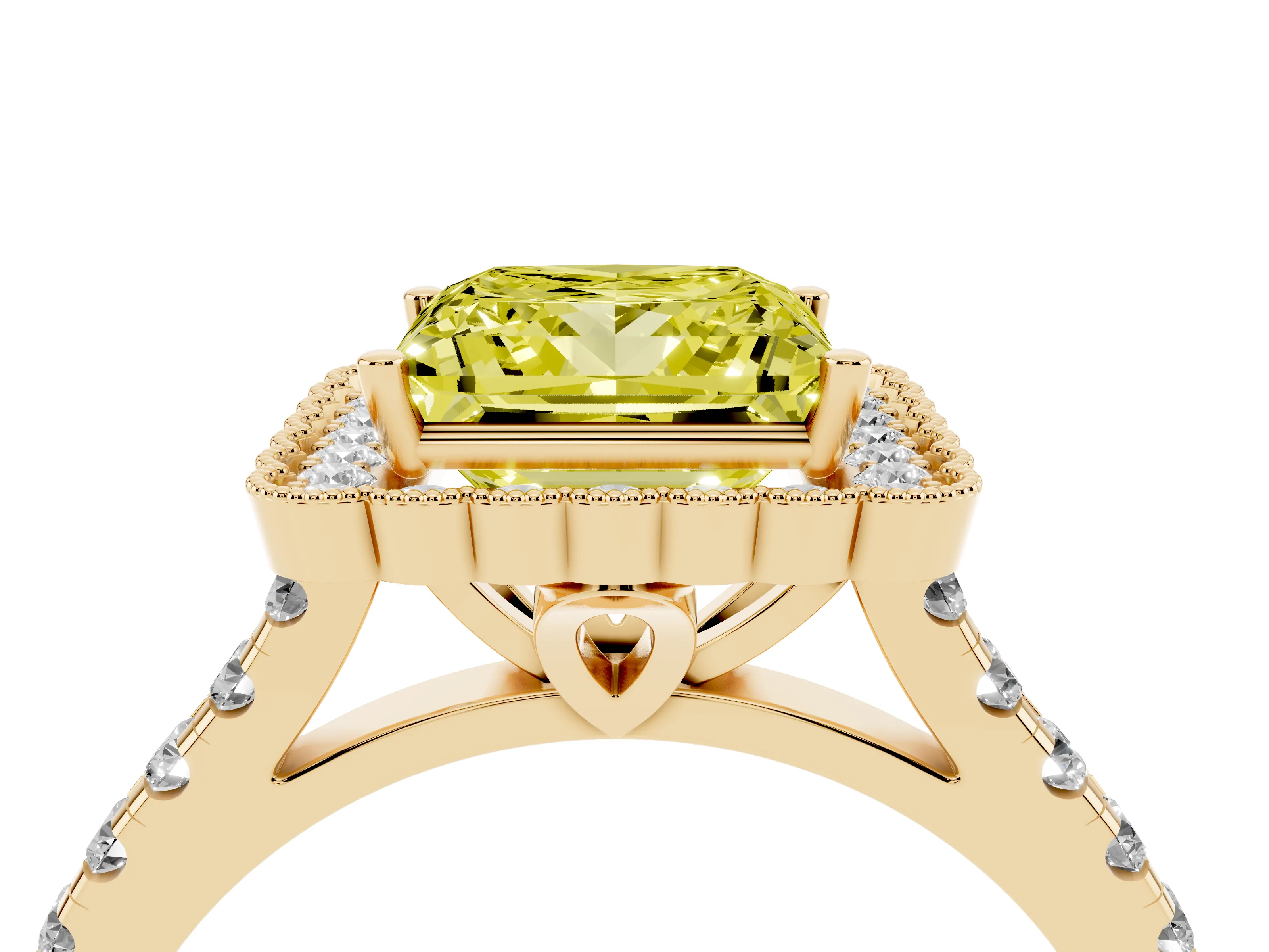 Fancy Yellow Princess Cut Diamond Milgrain Floral Halo Engagement Ring Set in Yellow gold with Pavé Band