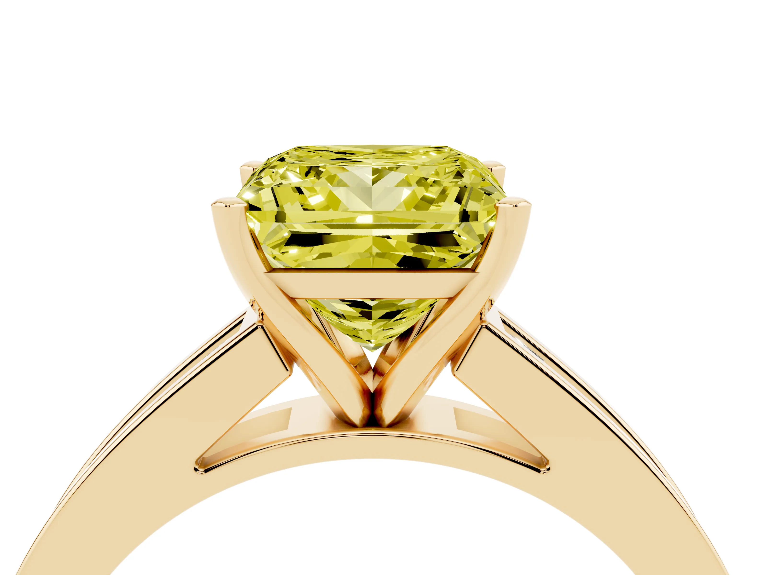 Fancy Yellow Princess Cut Diamond Solitaire Ring Set in Yellow gold with Channel-Set Band and Prong Setting