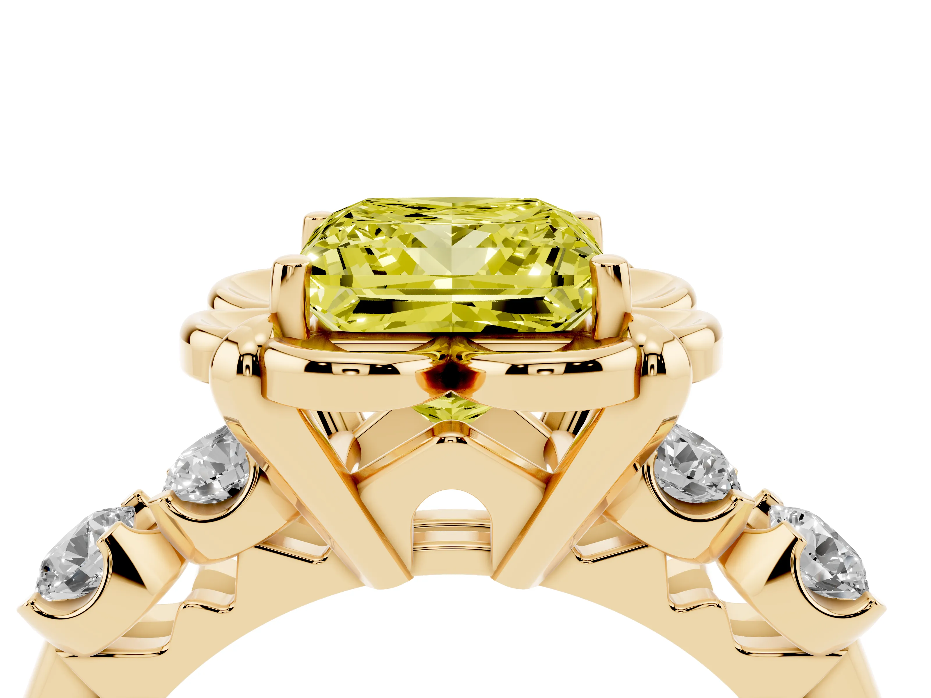 Fancy Yellow Princess Cut Diamond Floral Halo Ring Set in Yellow gold with Shared Prong Band