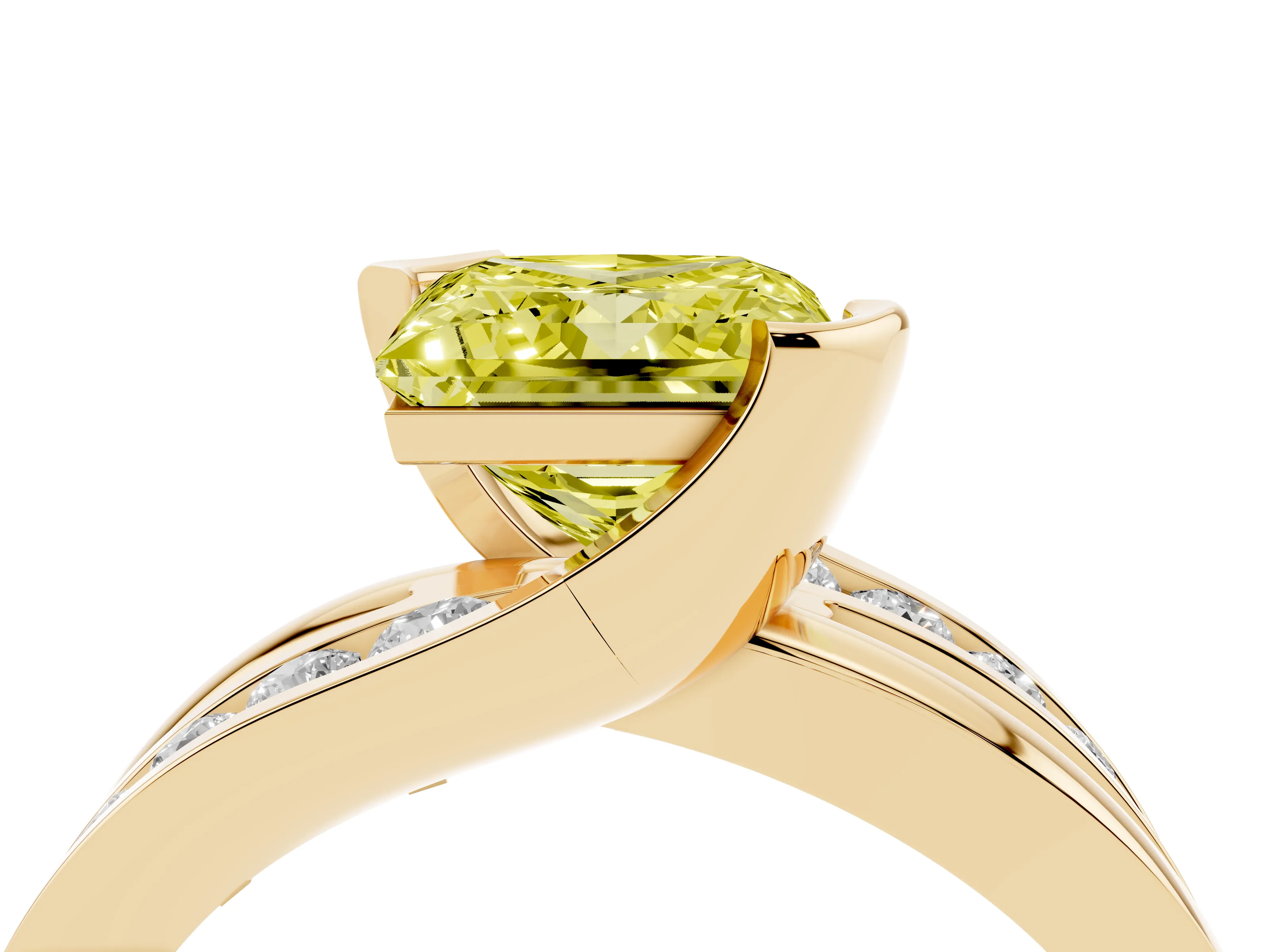 Fancy Yellow Princess Cut Diamond Solitaire Ring Set in Yellow gold with Channel Set Split Shank and Tension Prongs