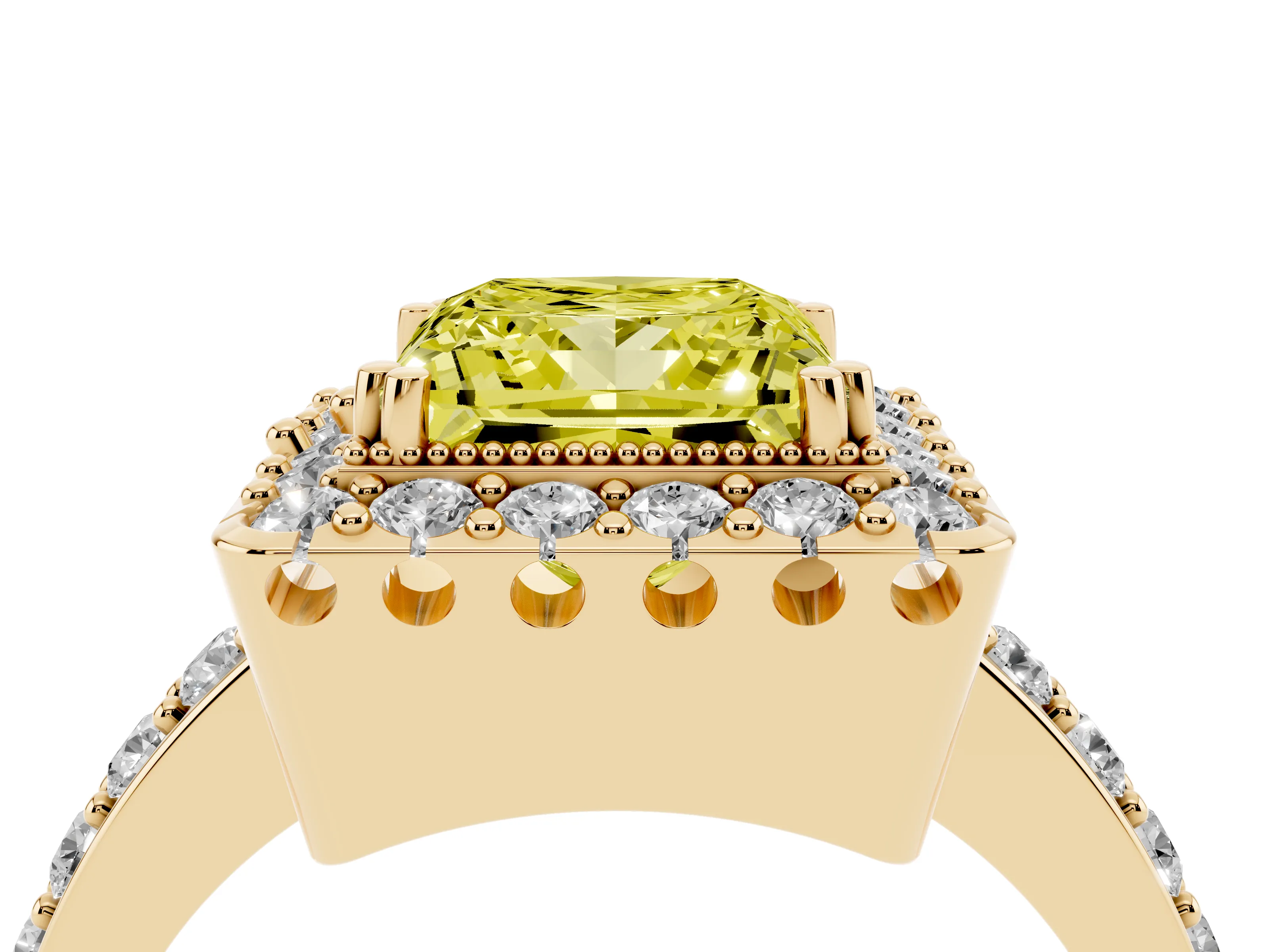 Fancy Yellow Princess Cut Diamond Halo Ring Set in Yellow gold with Pavé Shank and Prong Setting