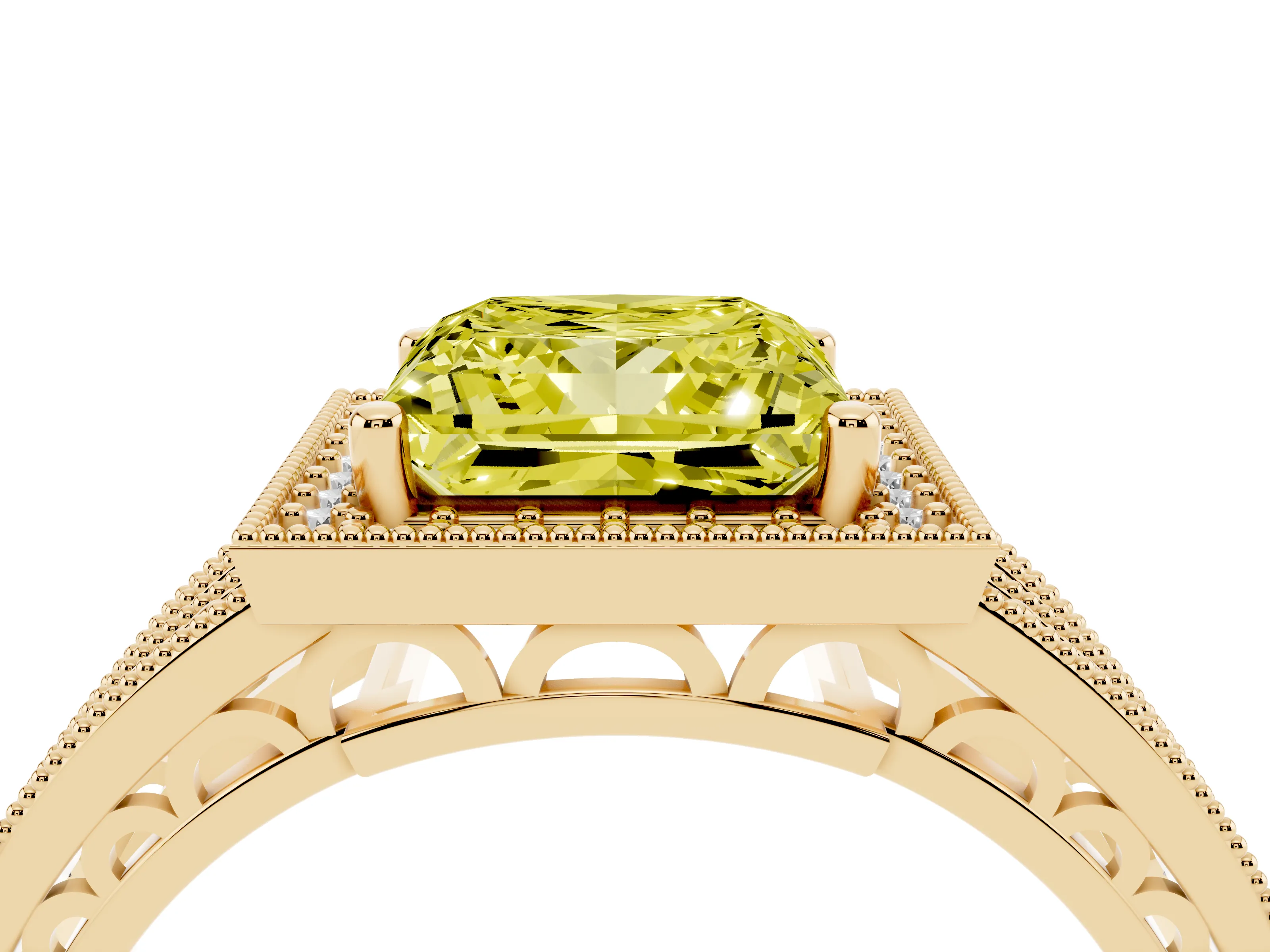 Fancy Yellow Princess Cut Diamond Halo Ring Set in Yellow gold with Accent Split Shank and Prong Setting