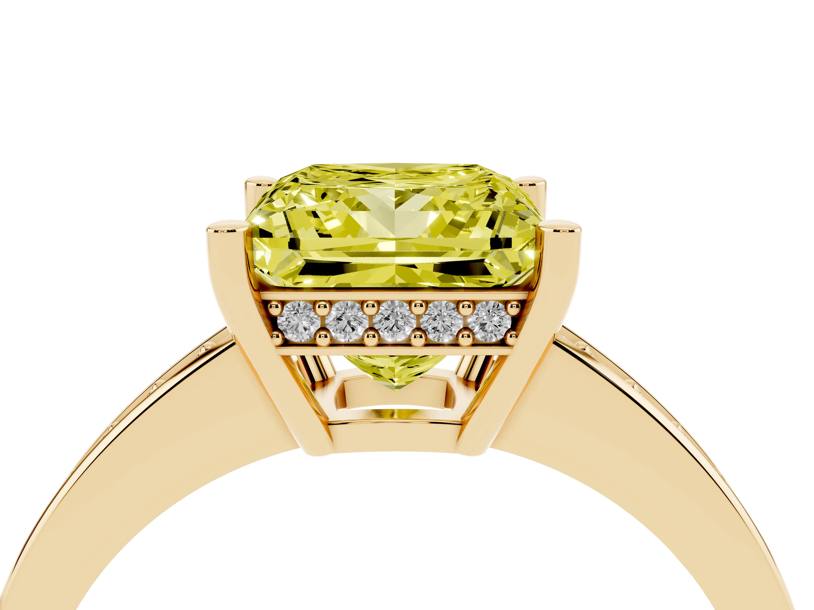 Fancy Yellow Princess Cut Diamond Pavé Band Prong Set Solitaire Ring Set in Yellow gold