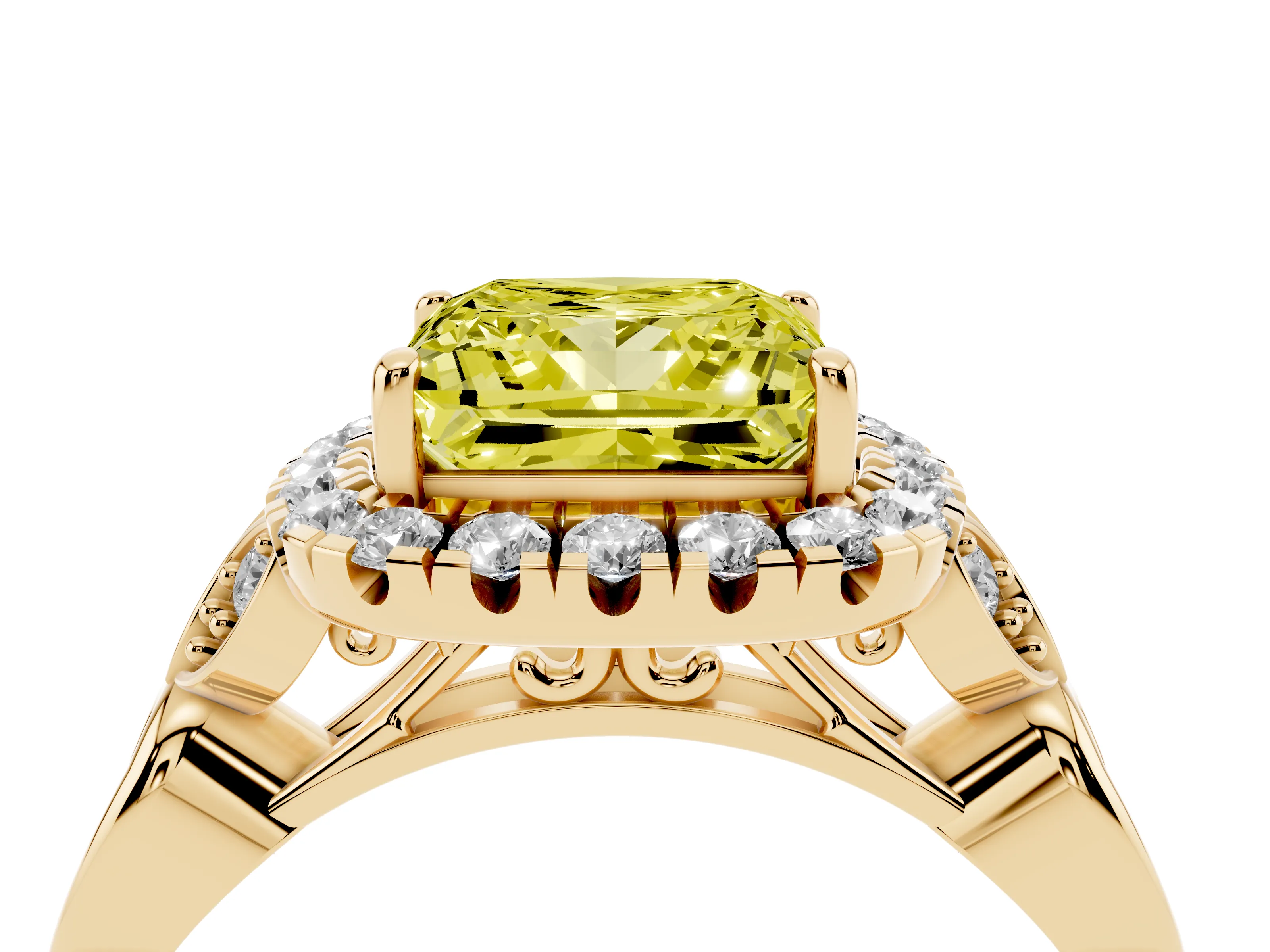 Fancy Yellow Princess Cut Diamond Halo Engagement Ring Set in Yellow gold with Vintage-Inspired Band and Prong Setting
