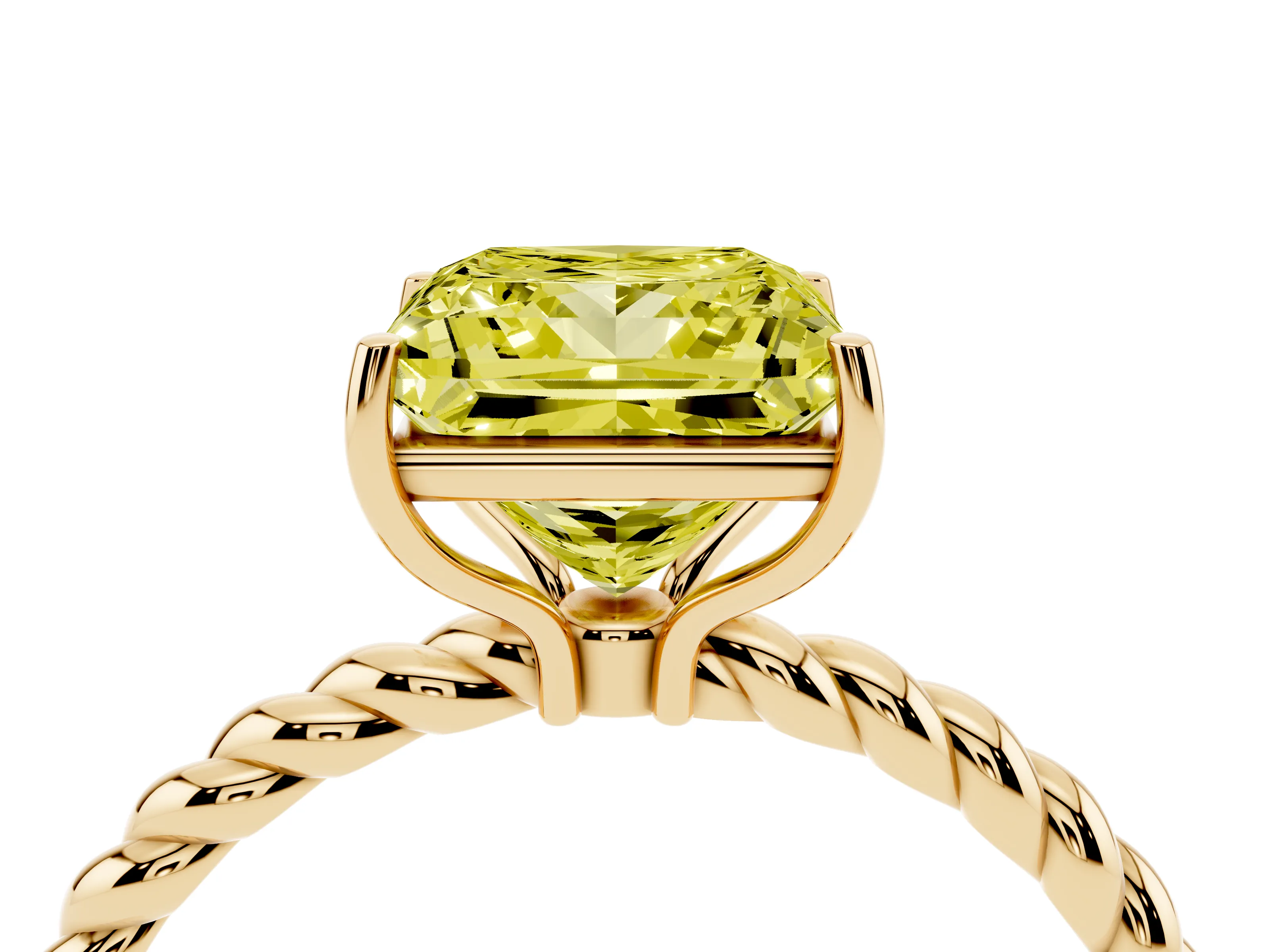 Fancy Yellow Princess Cut Diamond Solitaire Ring Set in Yellow gold with Twist Band and Prong Setting