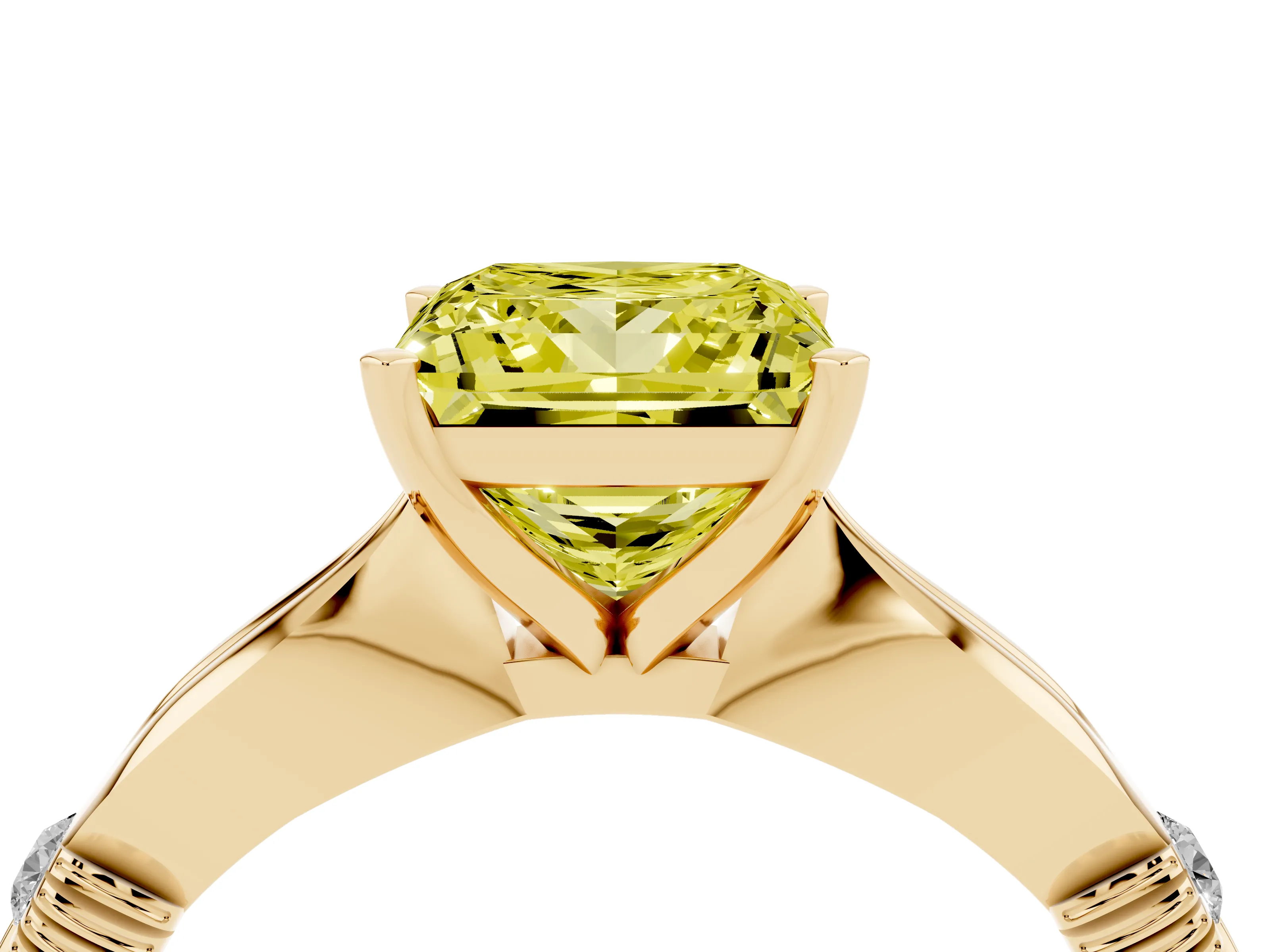Fancy Yellow Princess Cut Diamond Solitaire Twisted Band Ring Set in Yellow gold with Accent Stones and Prong Setting
