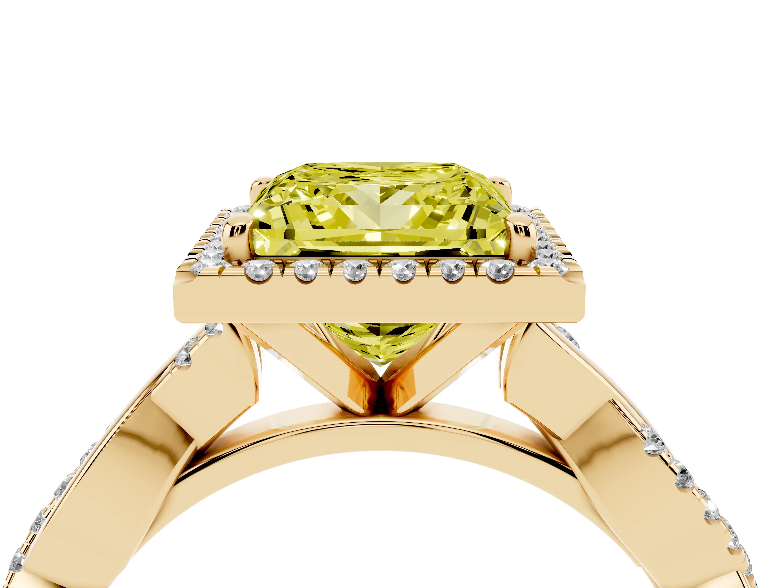Fancy Yellow Princess Cut Diamond Halo Twisted Band Ring Set in Yellow gold with Prong Setting