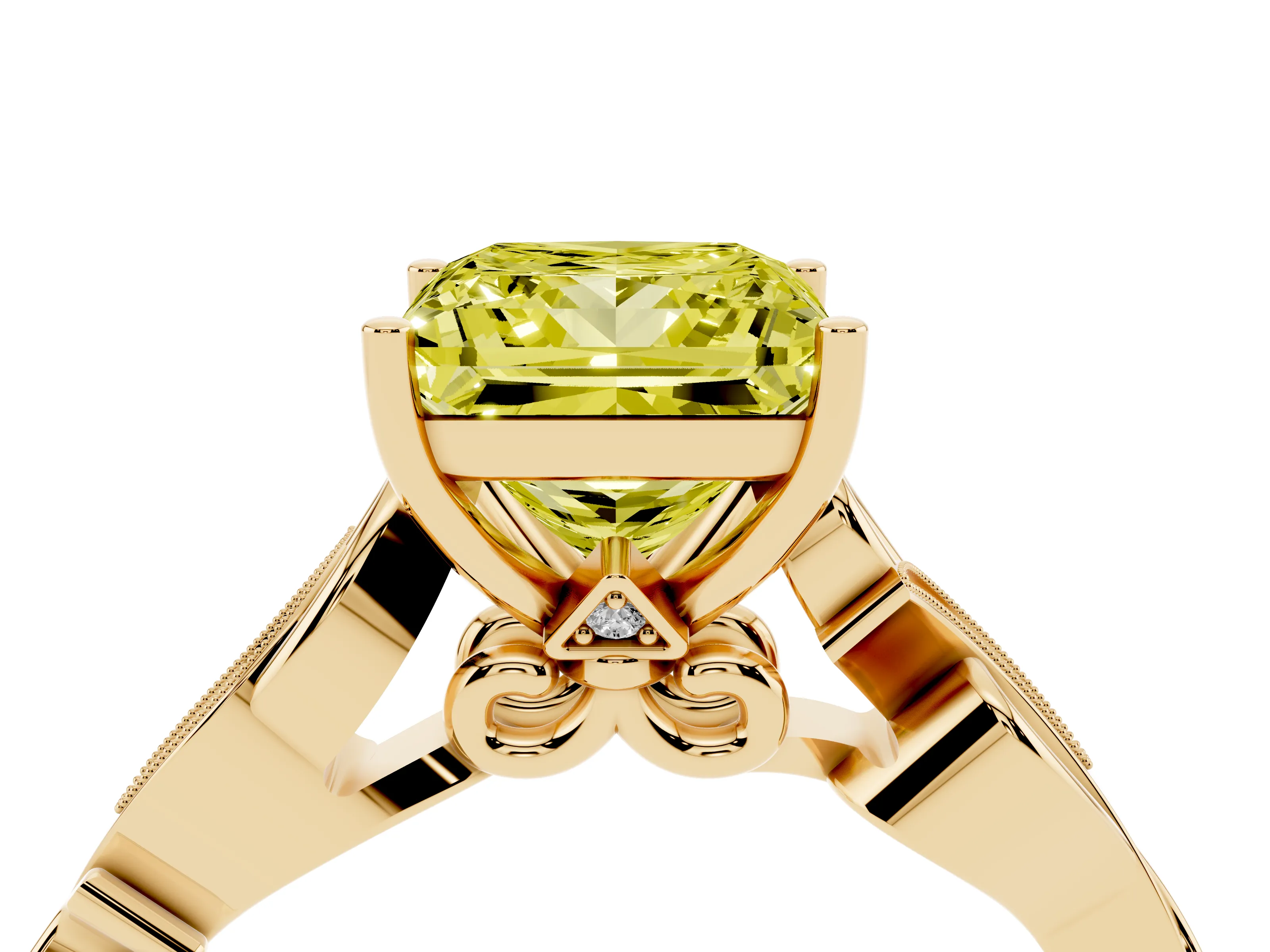 Fancy Yellow Princess Cut Diamond Vine Band Solitaire Ring Set in Yellow gold with Milgrain Prong Setting