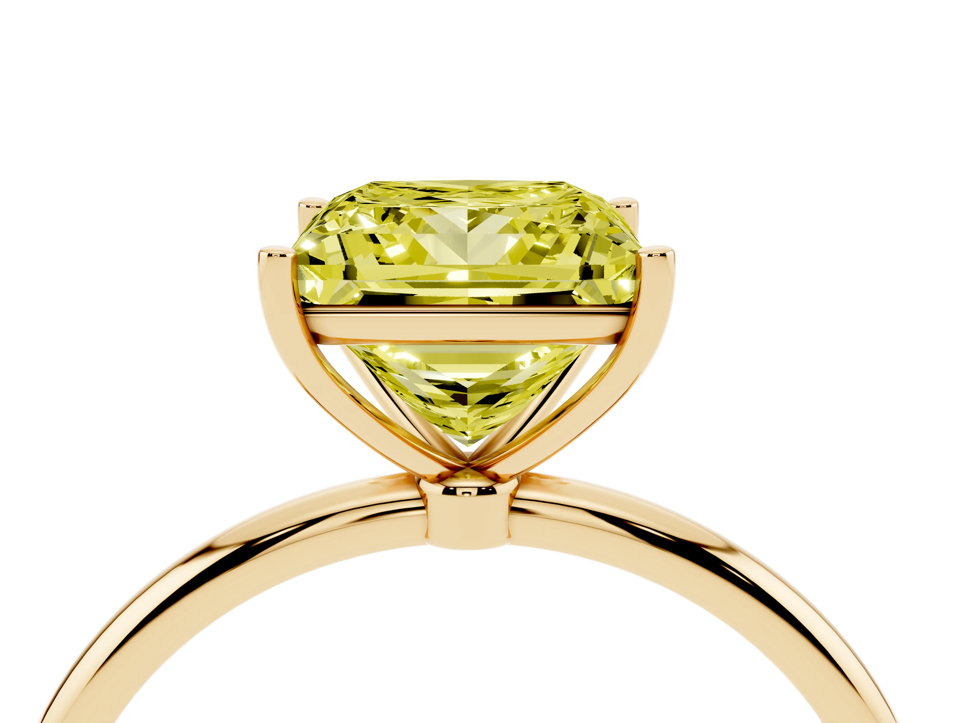 Fancy Yellow Princess Cut Diamond Solitaire Engagement Ring Set in Yellow gold with Thin Band and Prong Setting