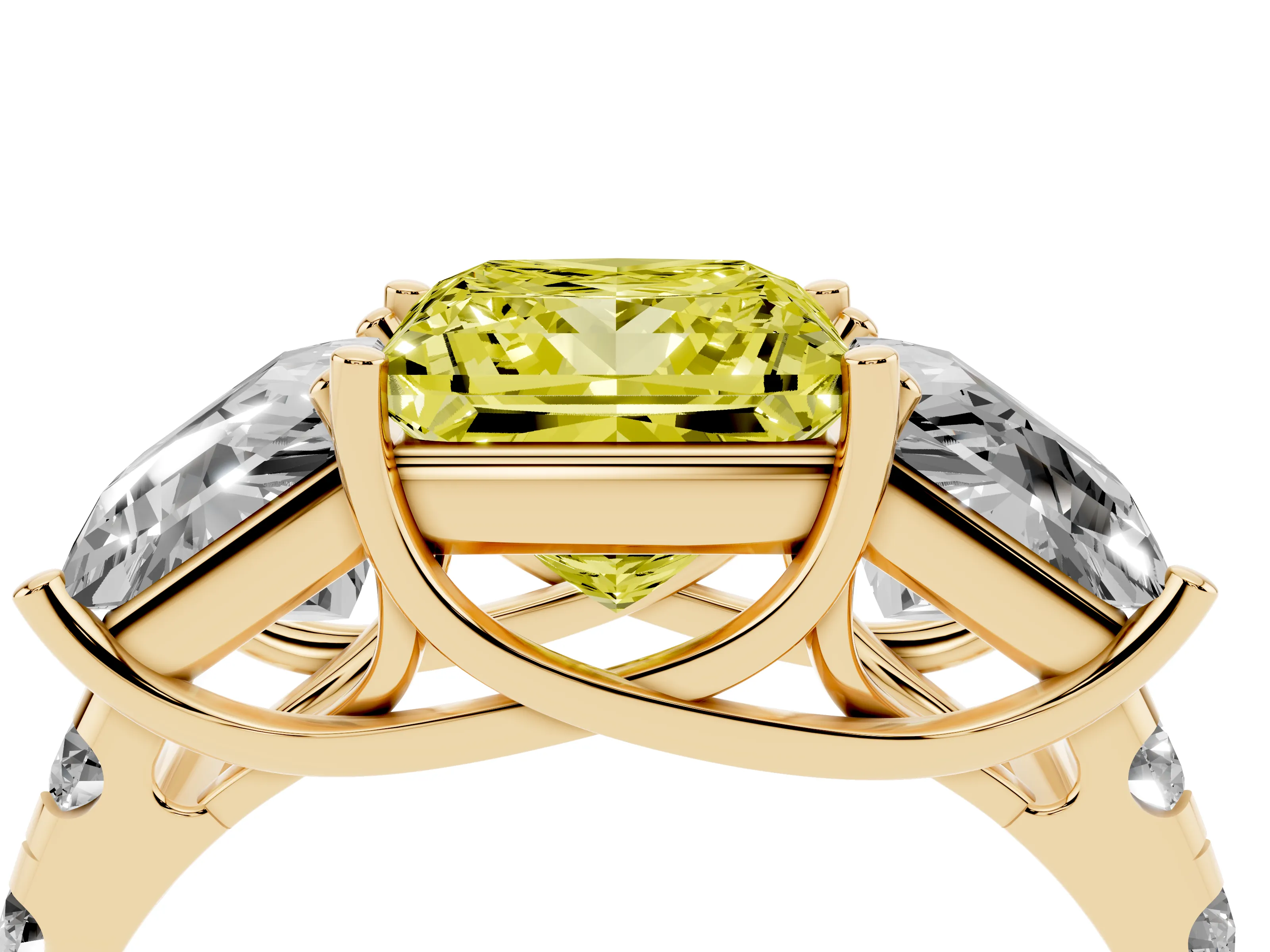 Fancy Yellow Princess Cut Diamond Three-Stone Ring Set in Yellow gold with Pavé Band