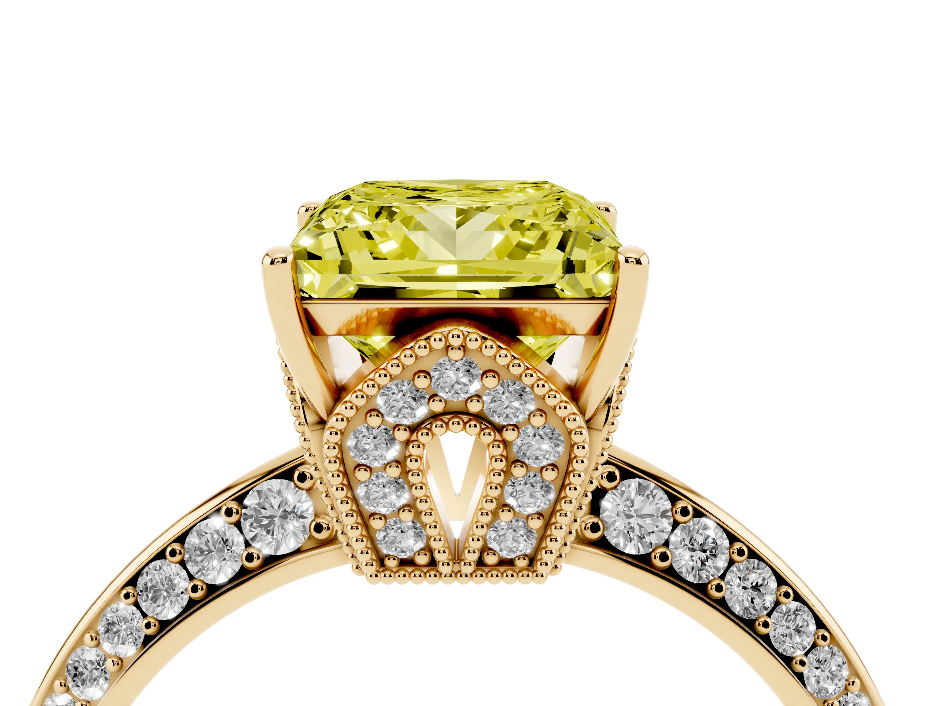 Fancy Yellow Princess Cut Diamond Solitaire Engagement Ring Set in Yellow gold with Pavé Split Shank and Prong Setting