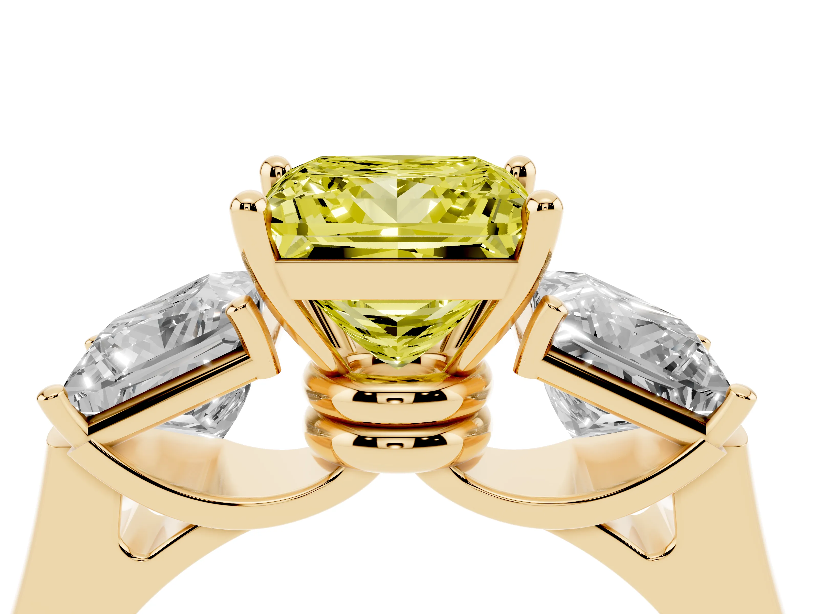 Fancy Yellow Princess Cut Diamond Three-Stone Trellis Ring Set in Yellow gold with Comfort Fit Band
