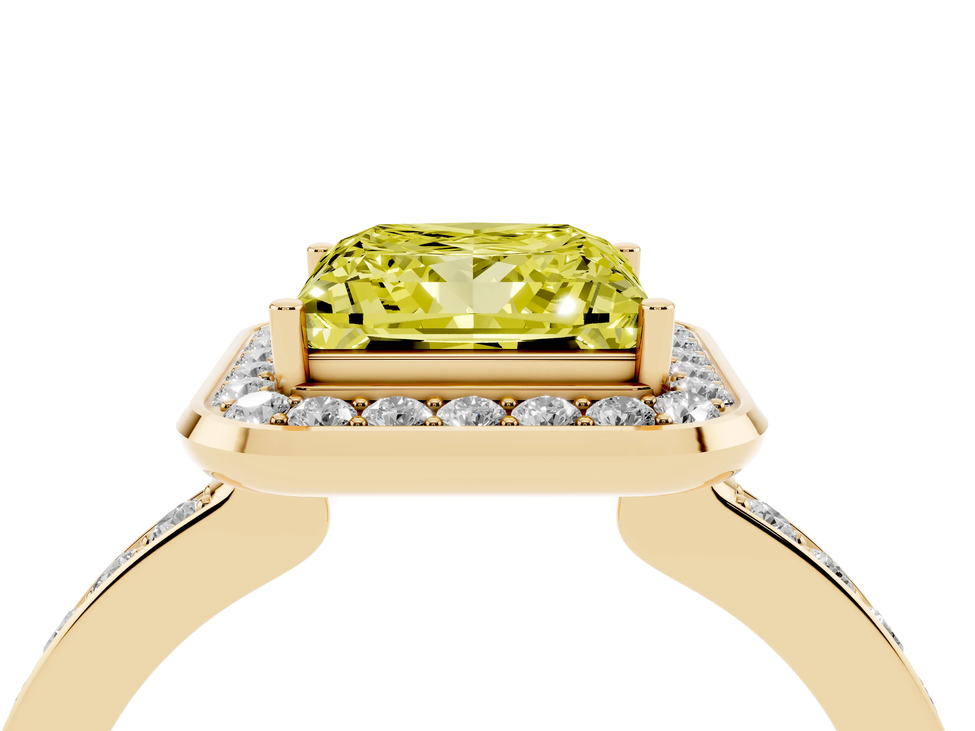Fancy Yellow Princess Cut Diamond Halo Ring Set in Yellow gold with Bezel Frame and Pavé Band