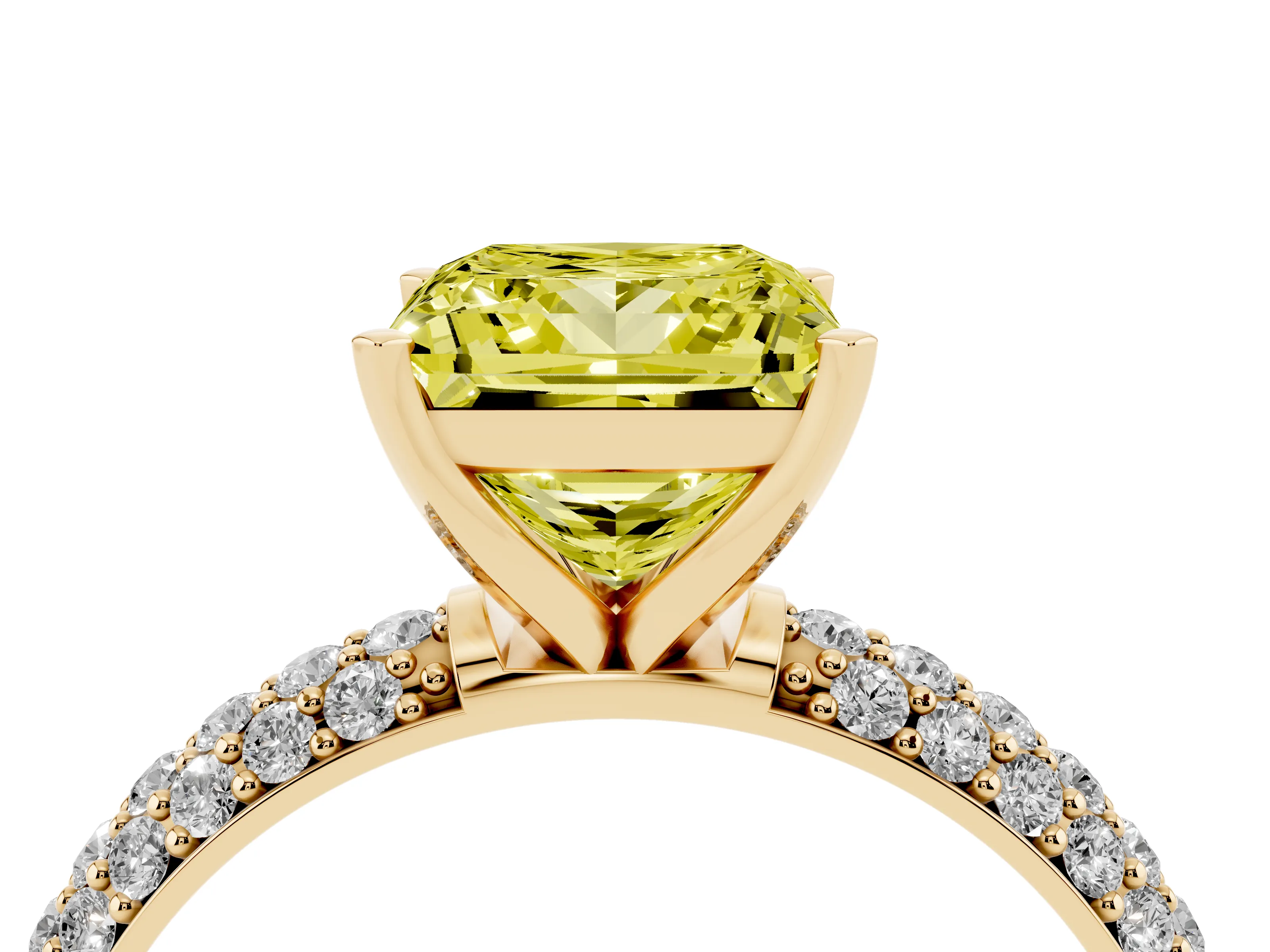 Fancy Yellow Princess Cut Diamond Solitaire Ring Set in Yellow gold with Prong Setting and Pavé-Set Band