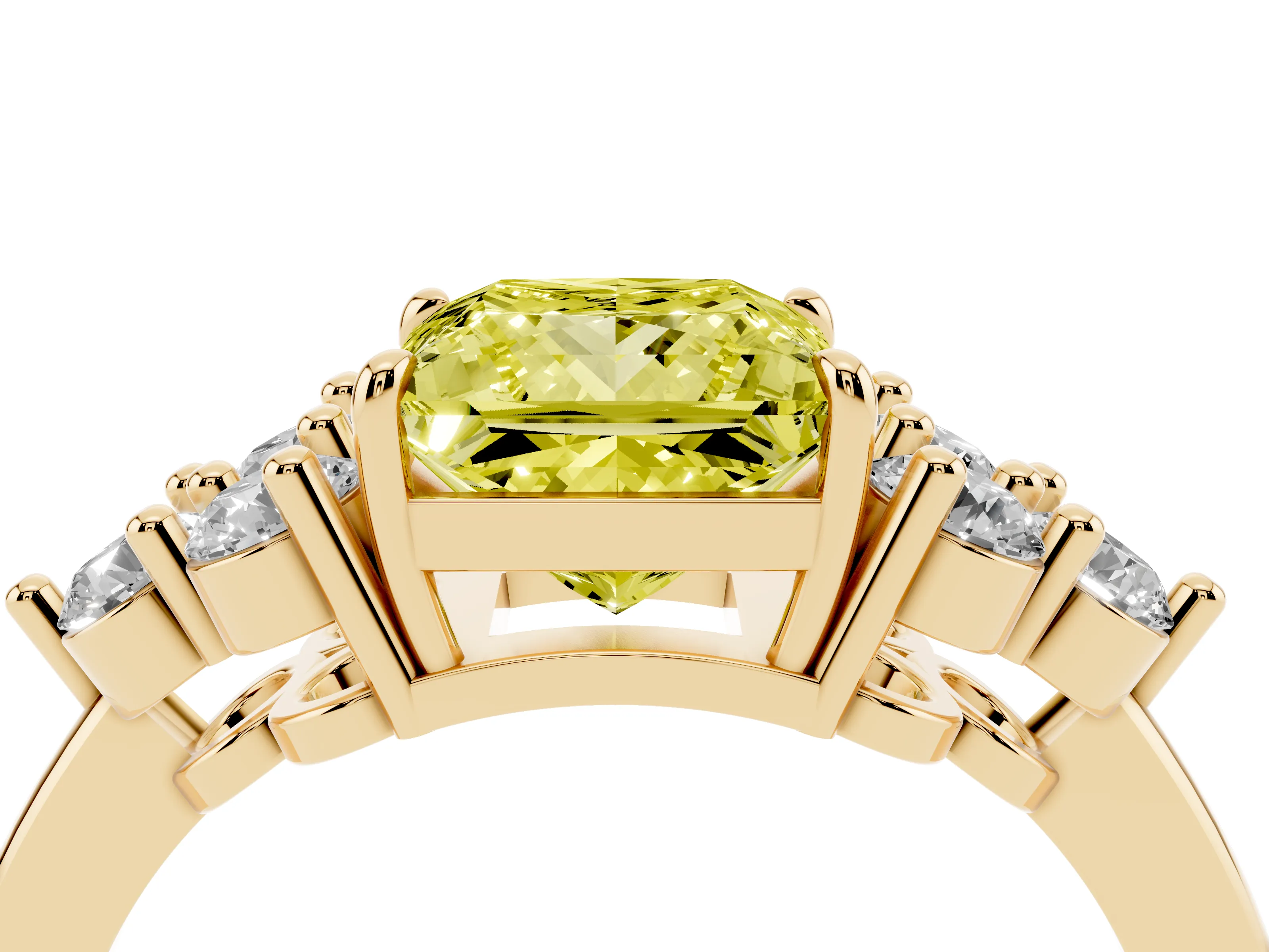 Fancy Yellow Princess Cut Diamond Solitaire Ring Set in Yellow gold with Cluster Accents on Each Side
