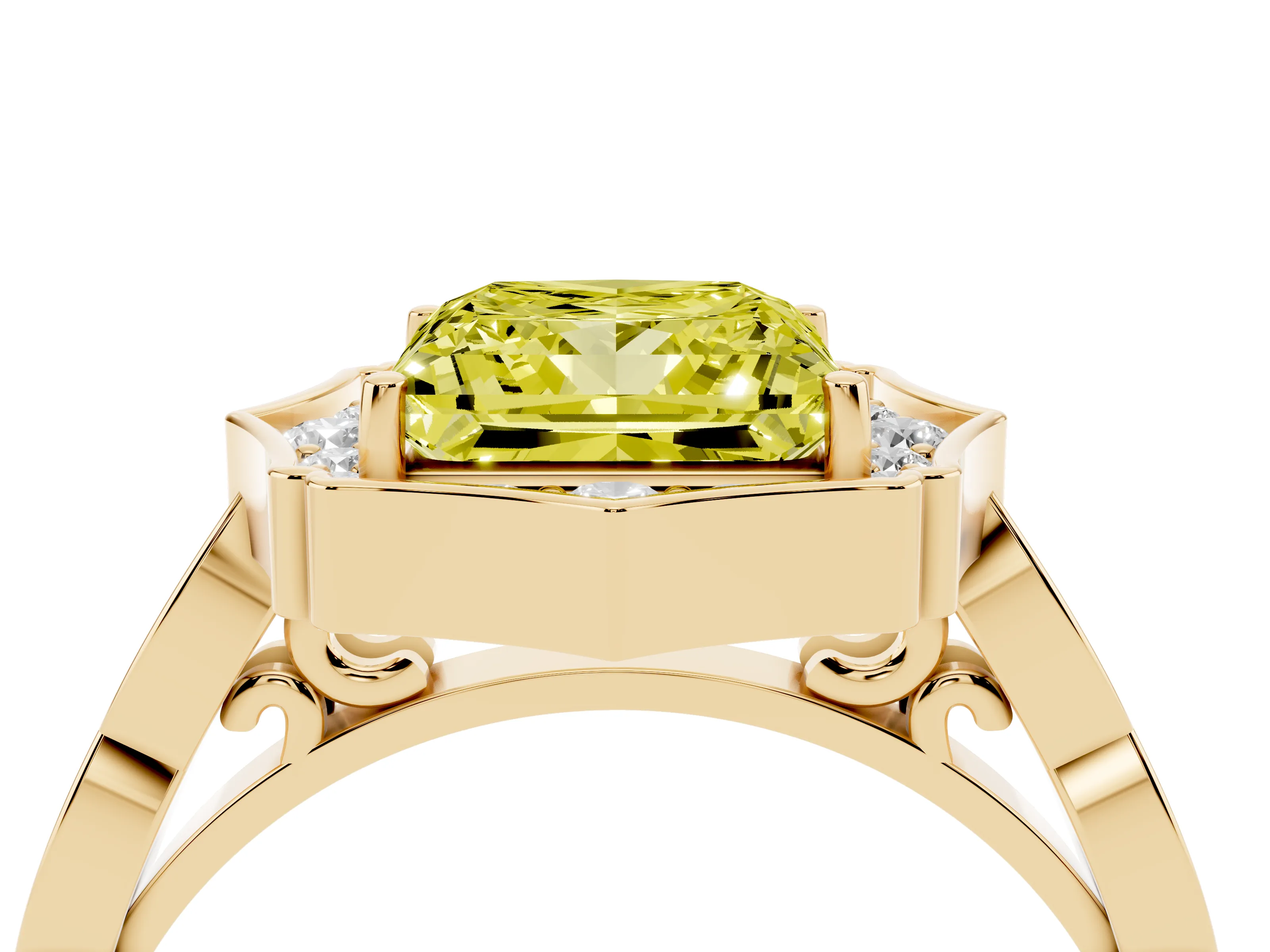 Fancy Yellow Princess Cut Diamond Halo Engagement Ring Set in Yellow gold with Milgrain Band and Prong Setting