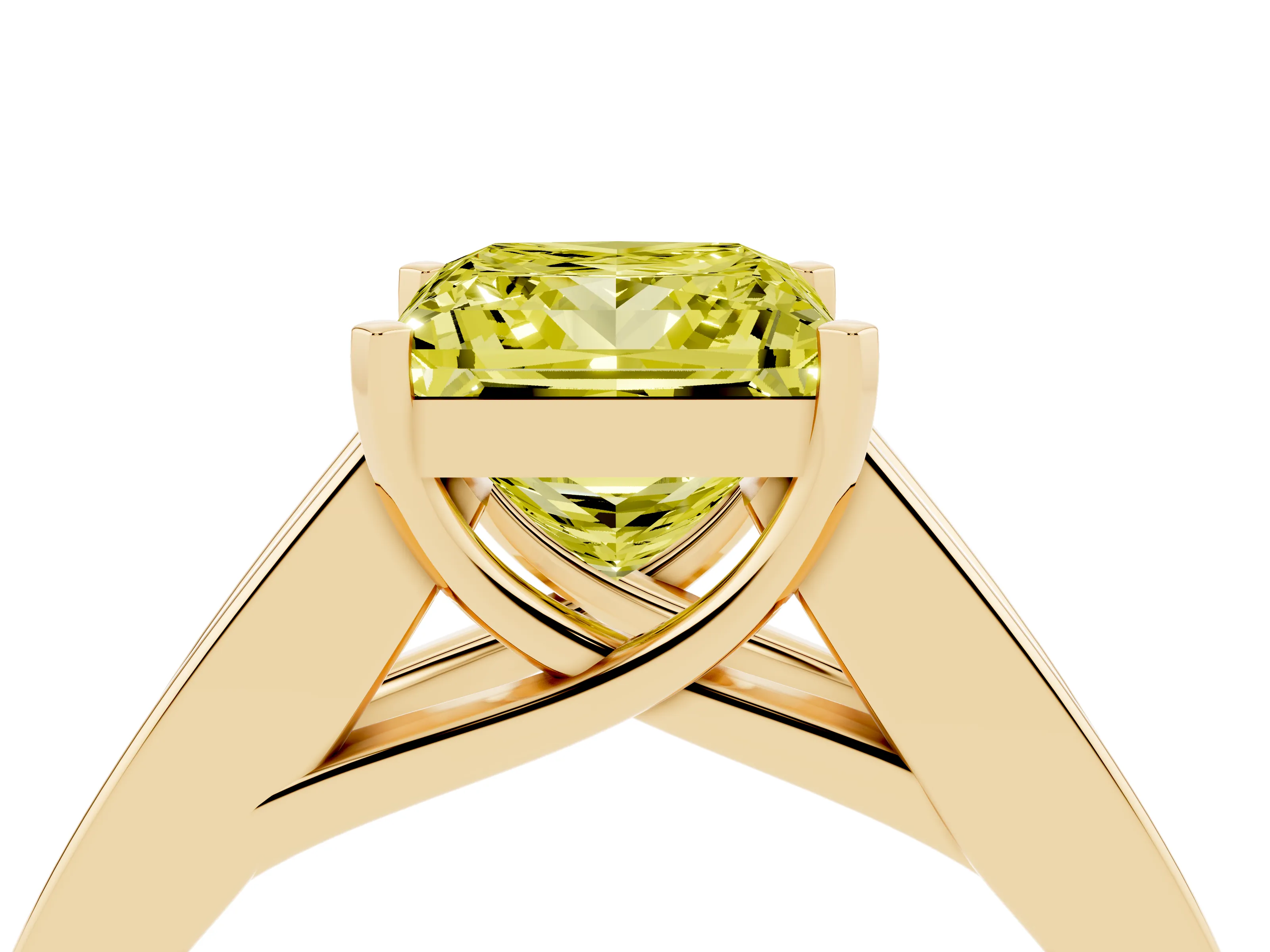 Fancy Yellow Princess Cut Diamond Solitaire Ring Set in Yellow gold with Channel-Set Accent Stones and Prong Setting