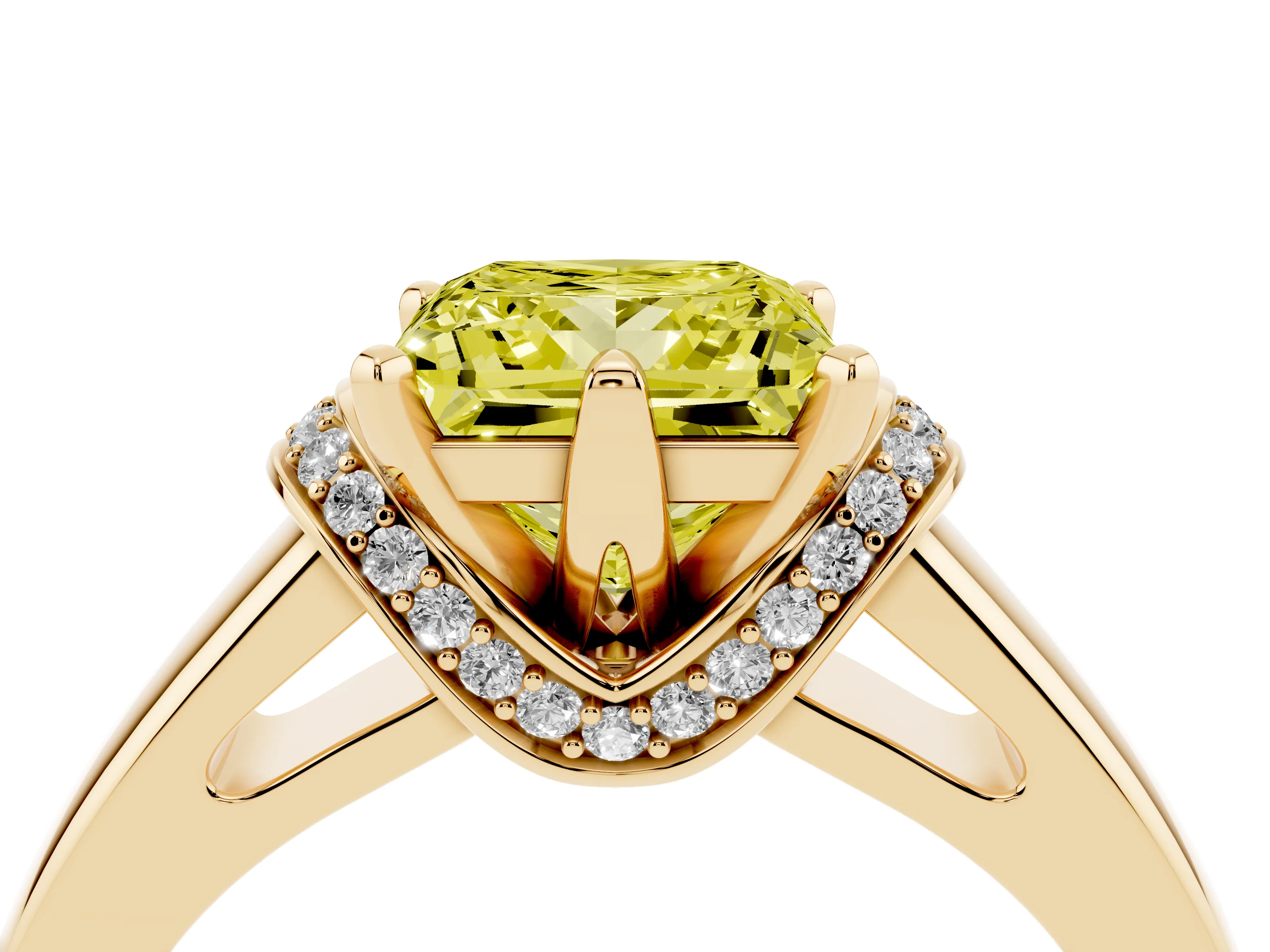 Fancy Yellow Princess Cut Diamond Pavé Band Solitaire Ring Set in Yellow gold with Prong Setting