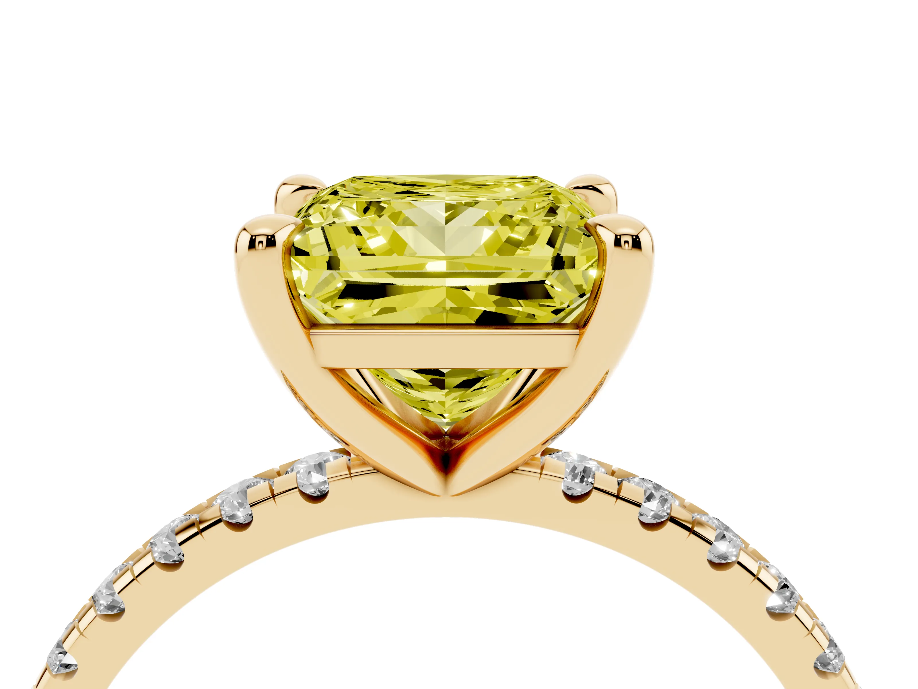 Fancy Yellow Princess Cut Diamond Brilliant Solitaire Ring Set in Yellow gold with Pavé Band and Prong Setting