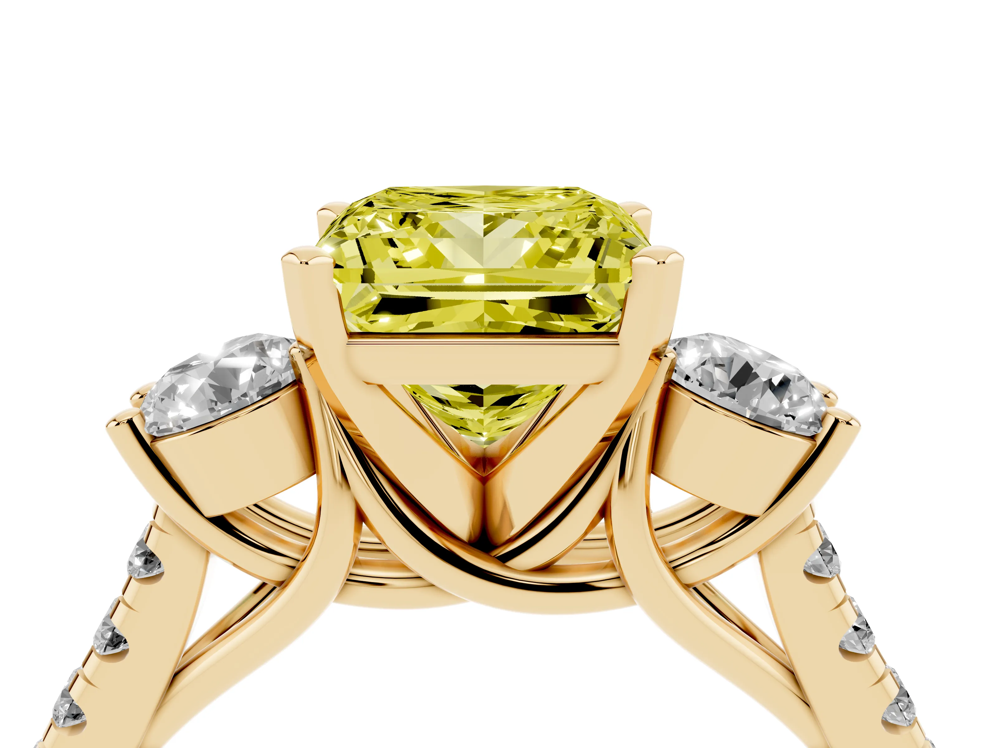 Fancy Yellow Three-Stone Princess Cut Diamond Pavé Band Ring Set in Yellow gold with Prong-Set Trio