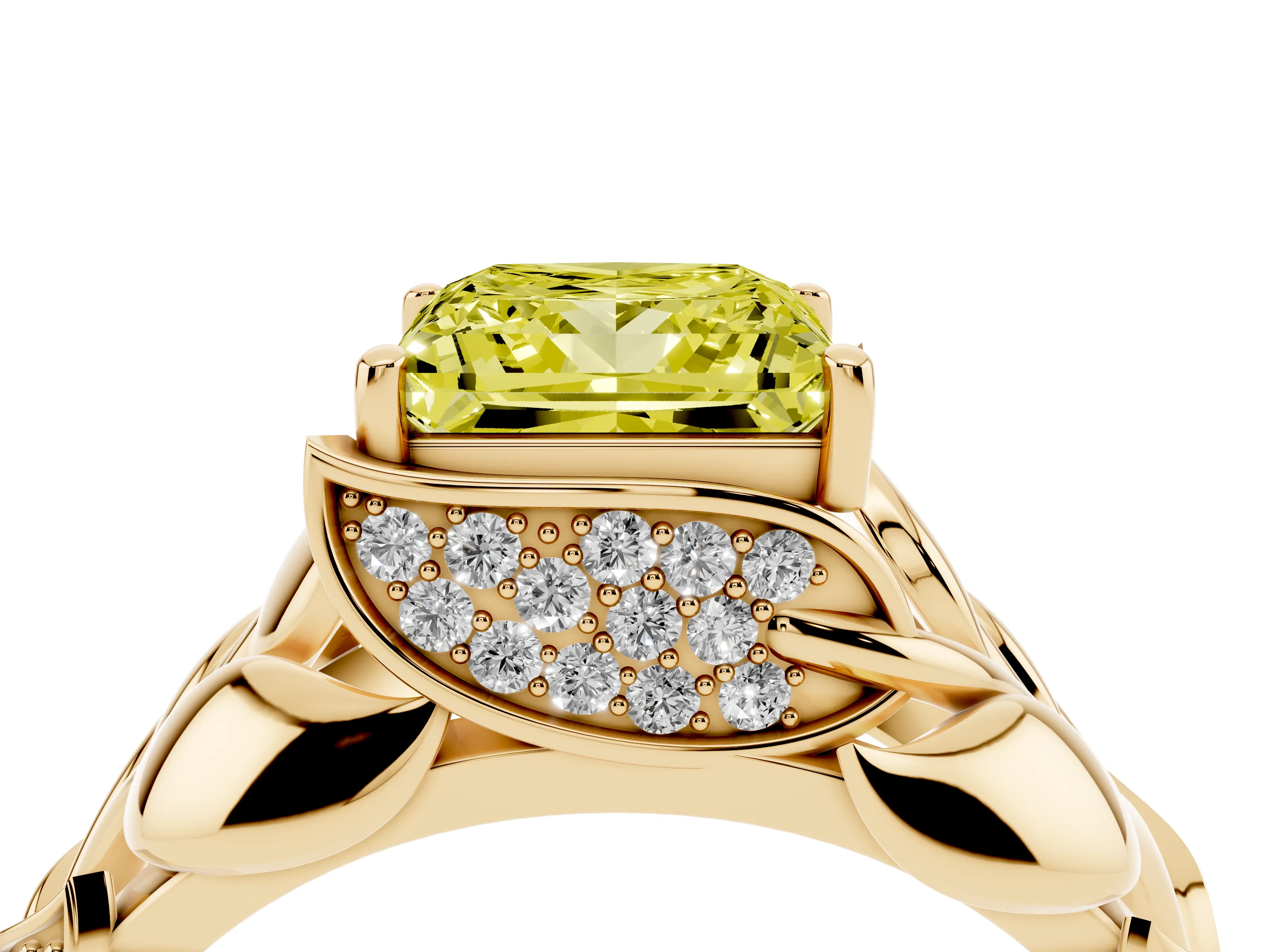 Fancy Yellow Princess Cut Diamond Leaf-Inspired Engagement Ring Set in Yellow gold with Round Accents