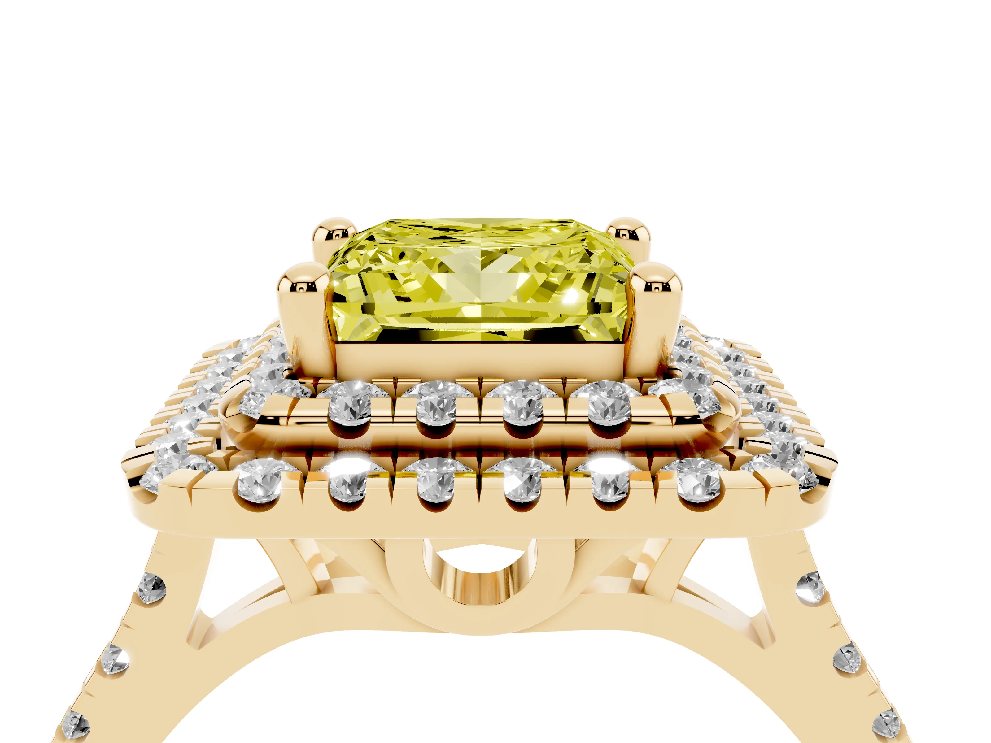 Fancy Yellow Princess Cut Diamond Double Halo Statement Ring Set in Yellow gold with Pavé Band