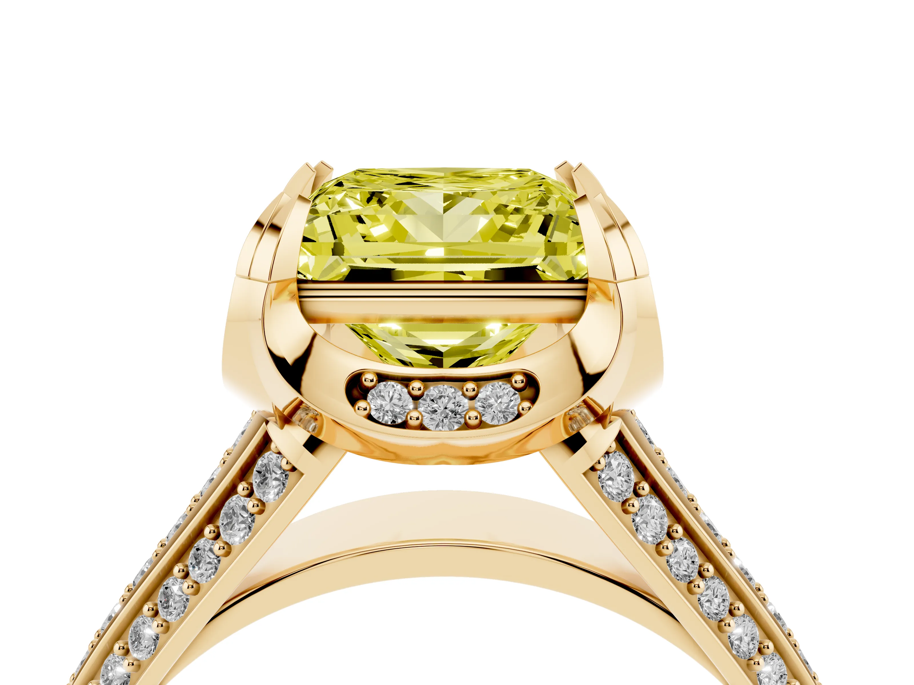 Fancy Yellow Princess Cut Diamond Pavé Split Shank Solitaire Ring Set in Yellow gold with Prong Setting
