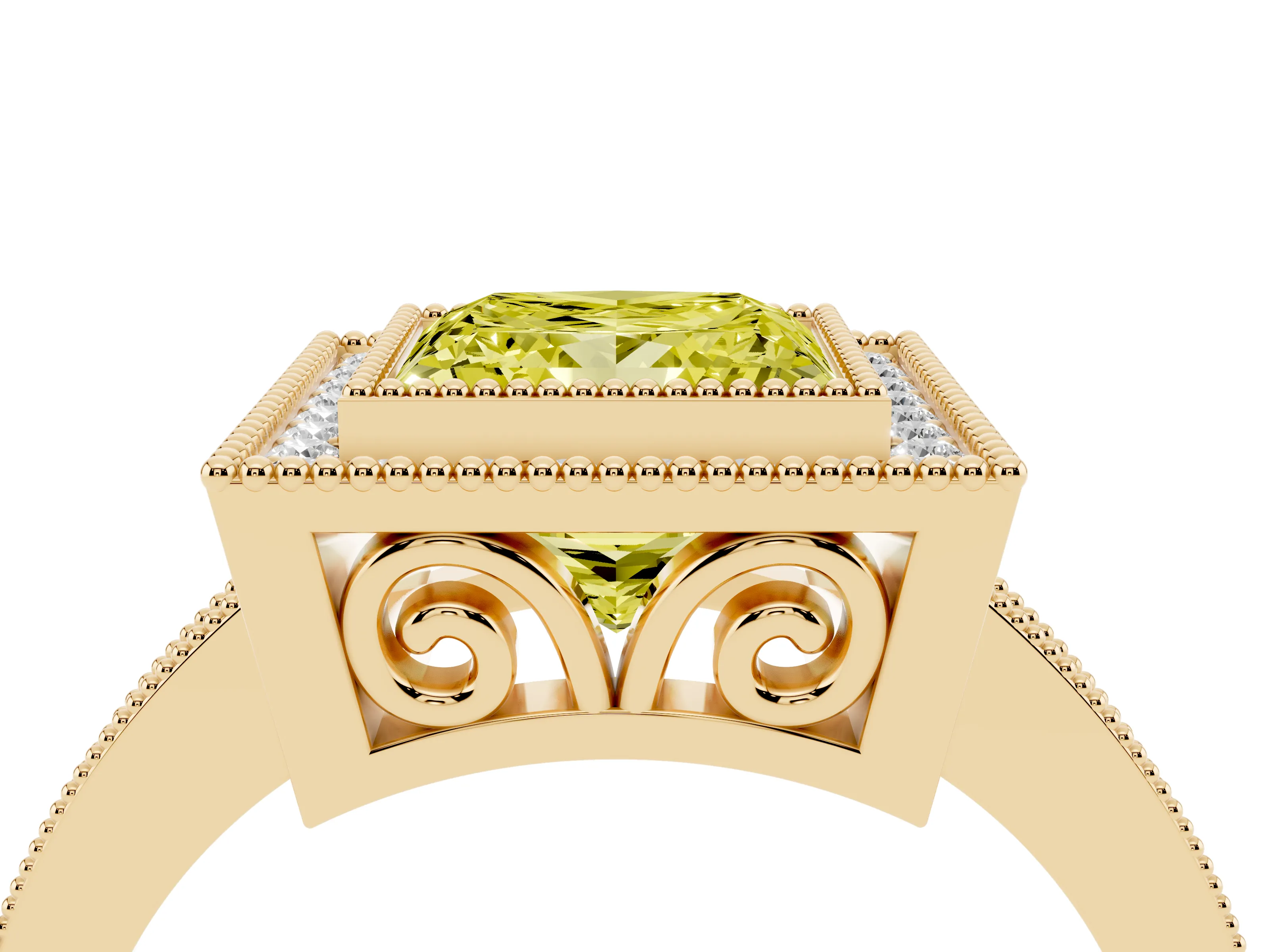 Fancy Yellow Princess Cut Diamond Halo Ring Set in Yellow gold with Pavé Band and Milgrain-Edged Prongs