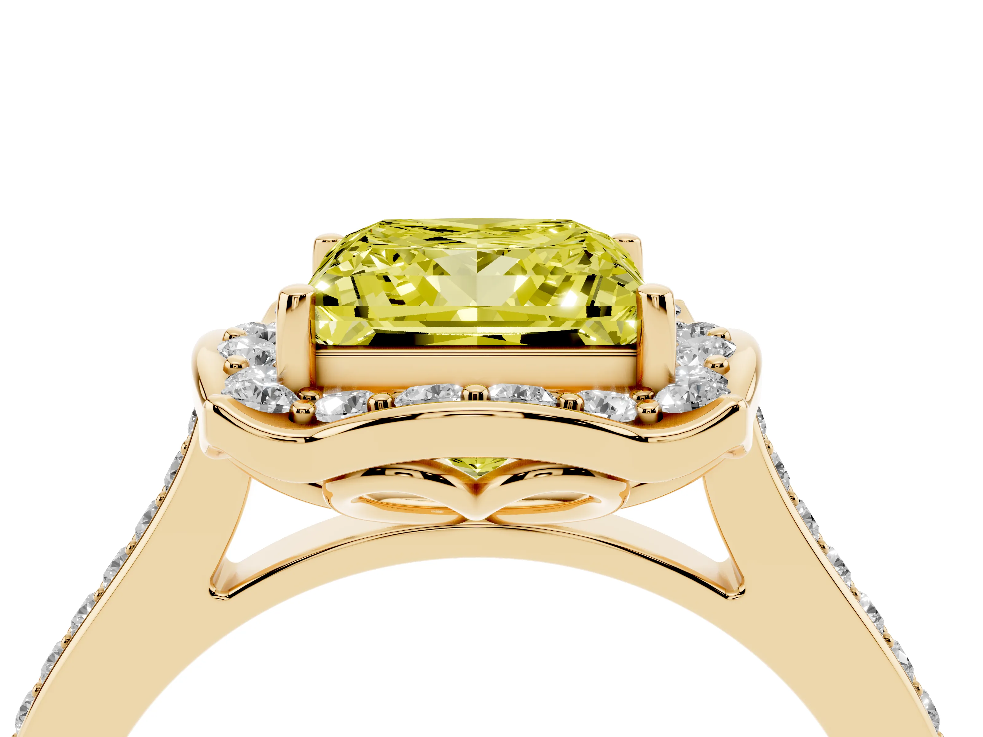 Fancy Yellow Princess Cut Diamond Halo Ring Set in Yellow gold with Pavé-Lined Shoulders and Prong Setting