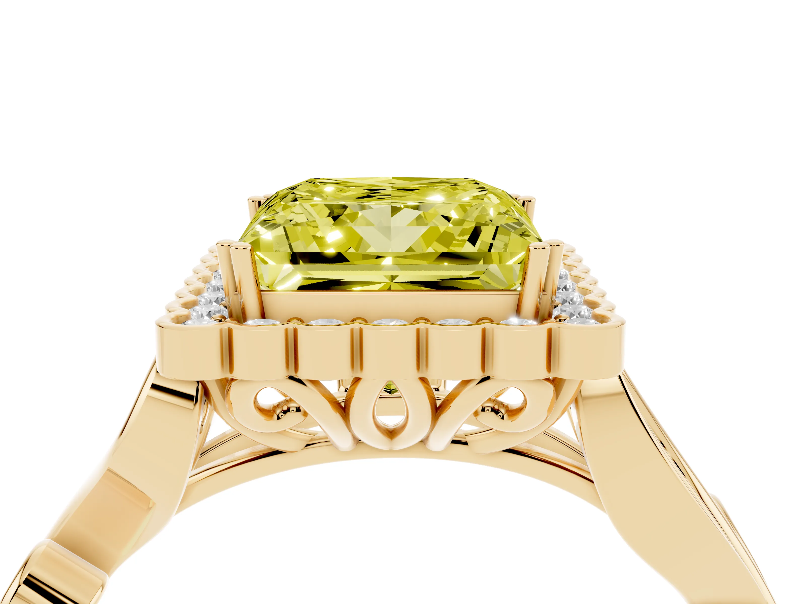Fancy Yellow Princess Cut Diamond Halo Ring Set in Yellow gold with Leaf Motif Split Shank and Prong Setting