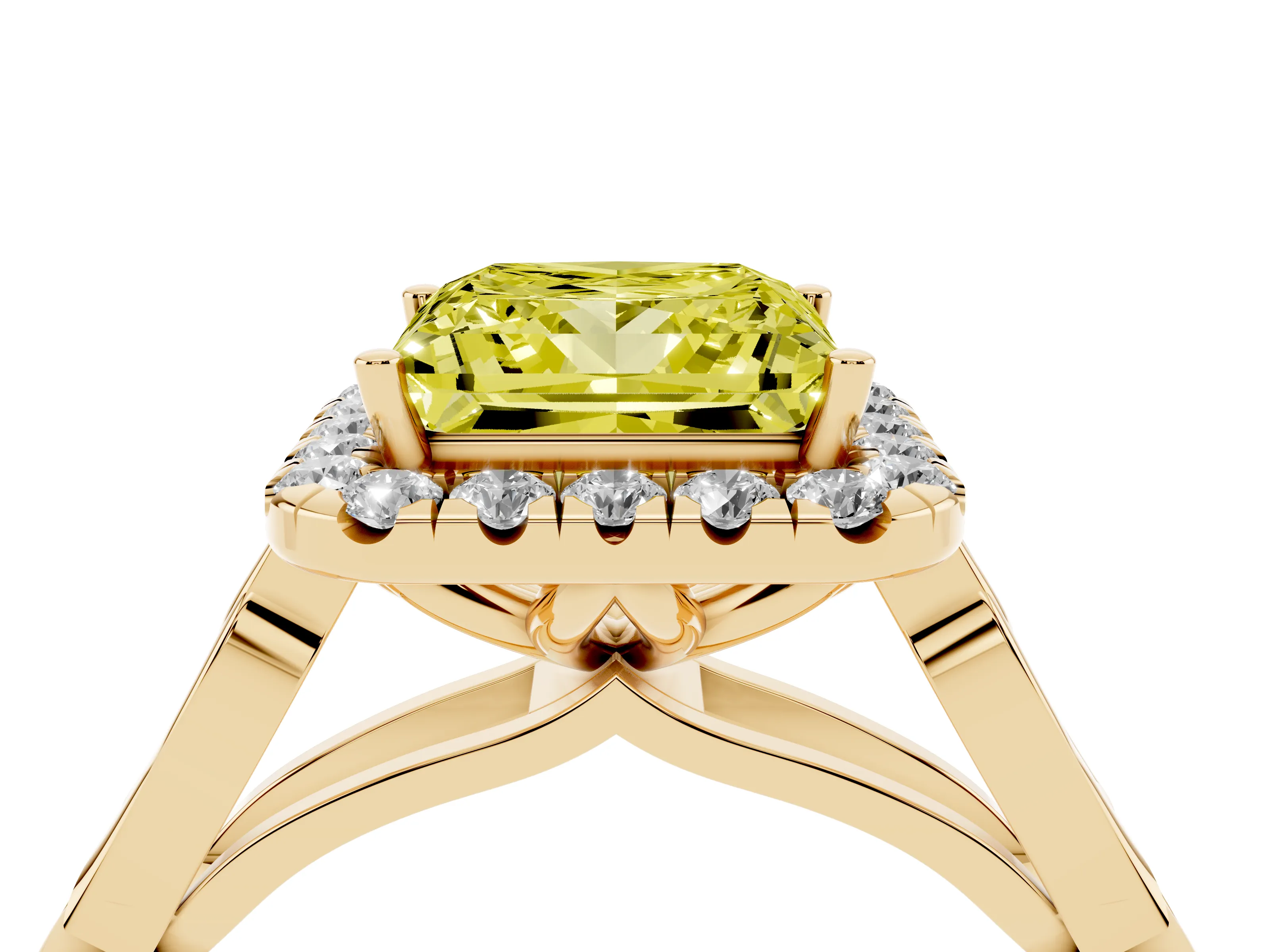 Fancy Yellow Princess Cut Diamond Halo Engagement Ring Set in Yellow gold with Filigree Band and Prong-Set Center