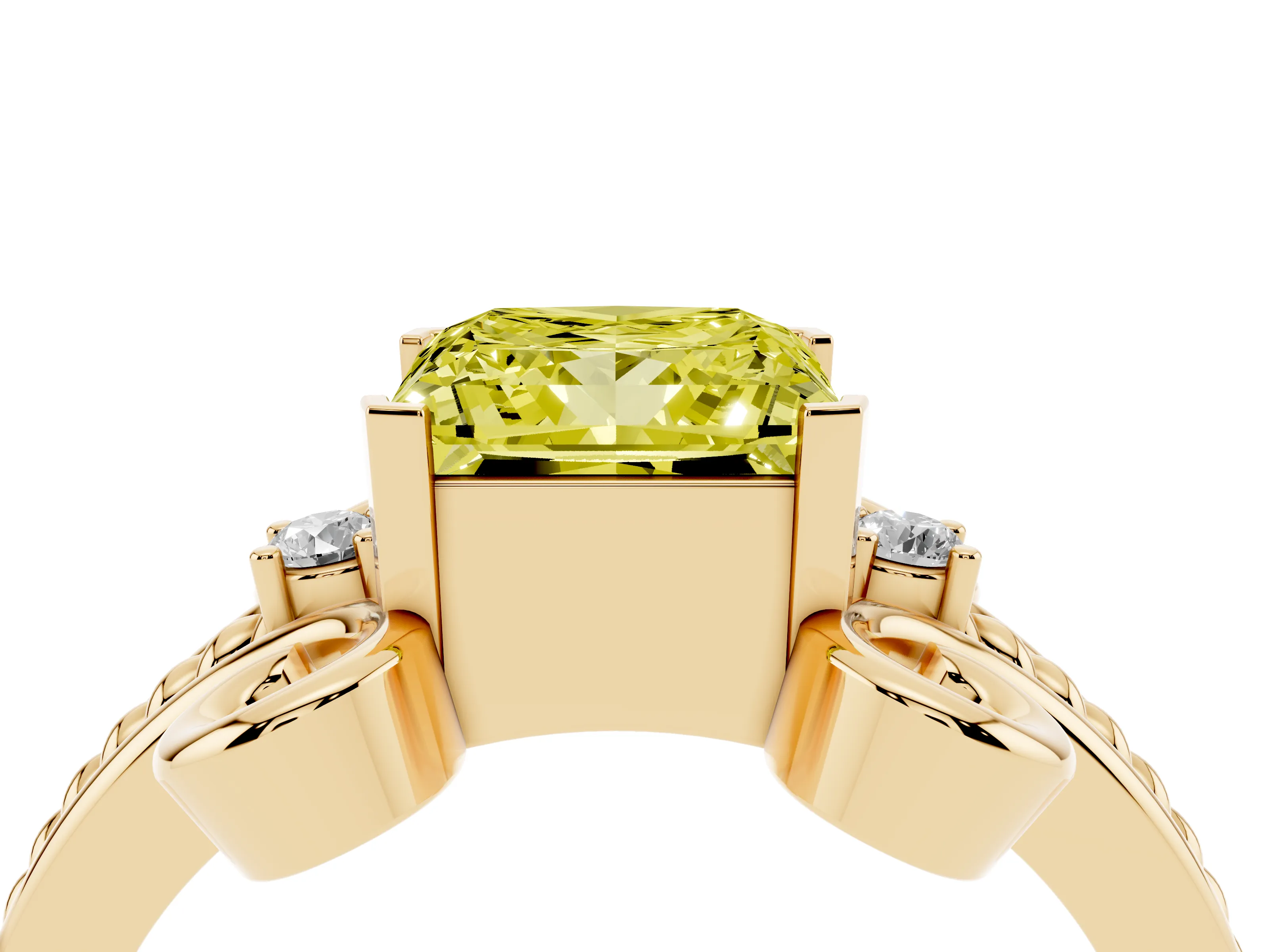 Fancy Yellow Princess Cut Diamond Twisted Band Solitaire Ring Set in Yellow gold with Scroll Prongs