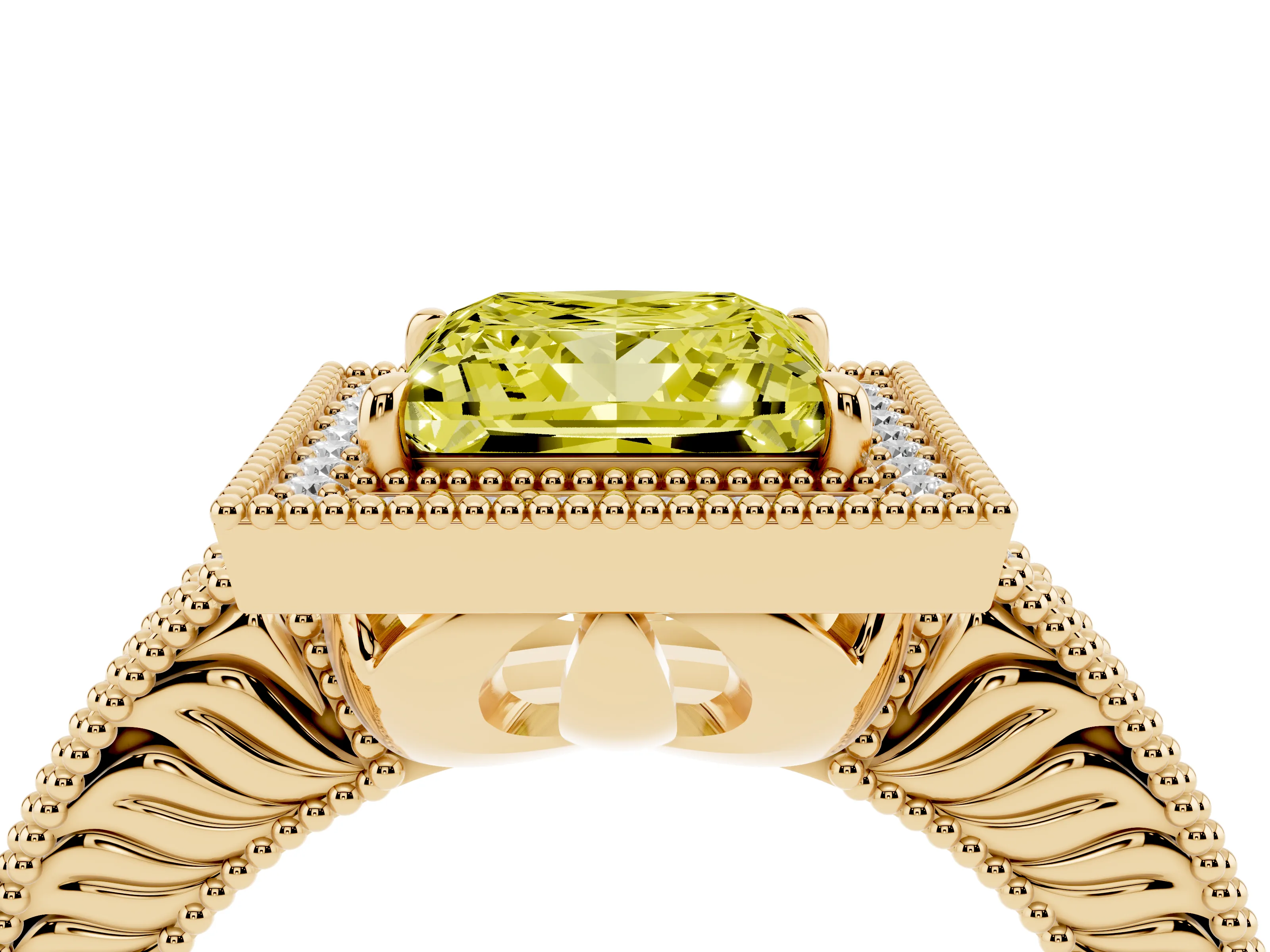 Fancy Yellow Princess Cut Diamond Halo Ring Set in Yellow gold with Round Accent Halo, Pavé Band and Prong Setting