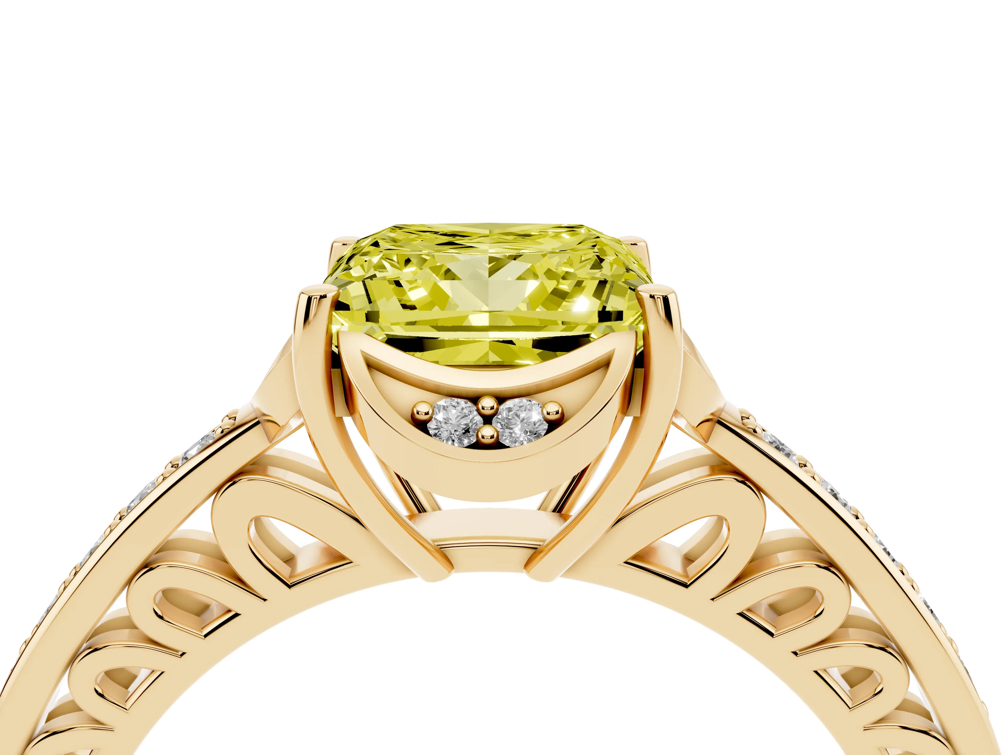 Fancy Yellow Princess Cut Diamond Halo Ring Set in Yellow gold with Channel Set Band and Prong Setting