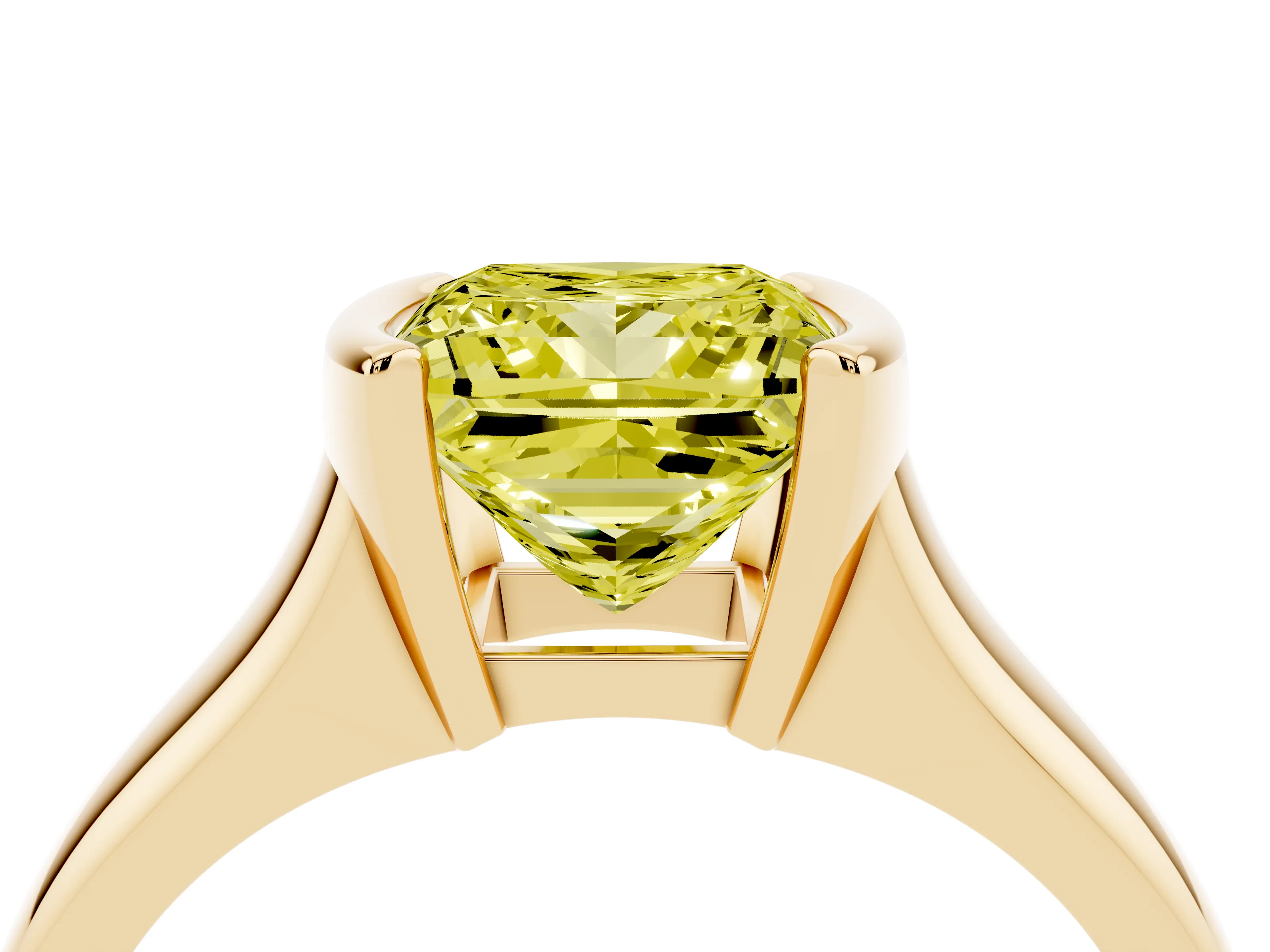 Fancy Yellow Princess Cut Diamond Solitaire Tension Set Ring Set in Yellow gold with Split Shank Band