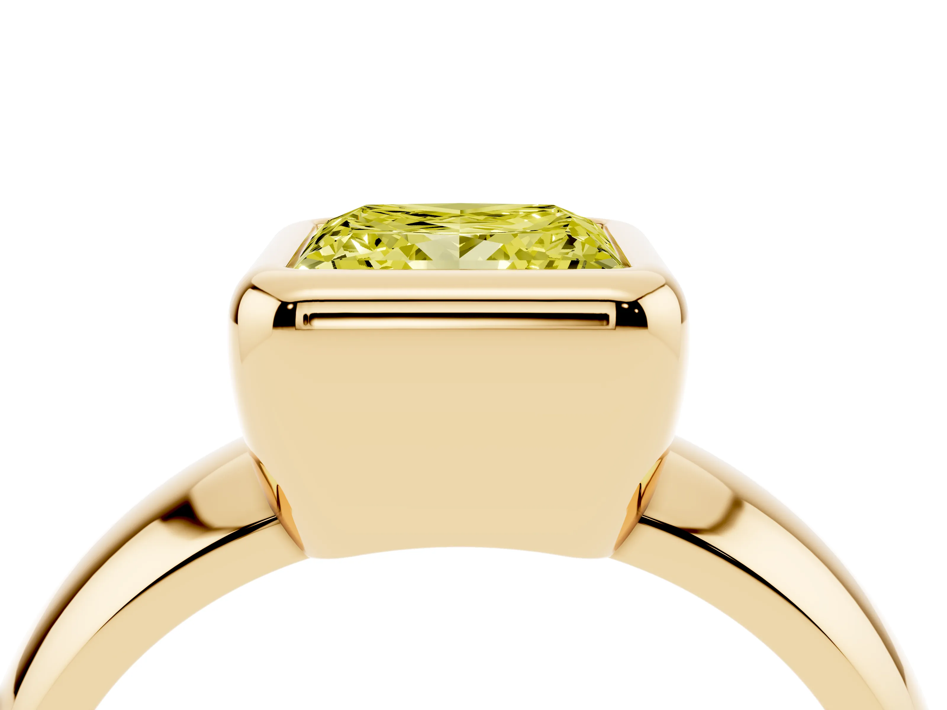 Fancy Yellow Bezel Set Princess Cut Diamond Solitaire Ring Set in Yellow gold with Wide Band
