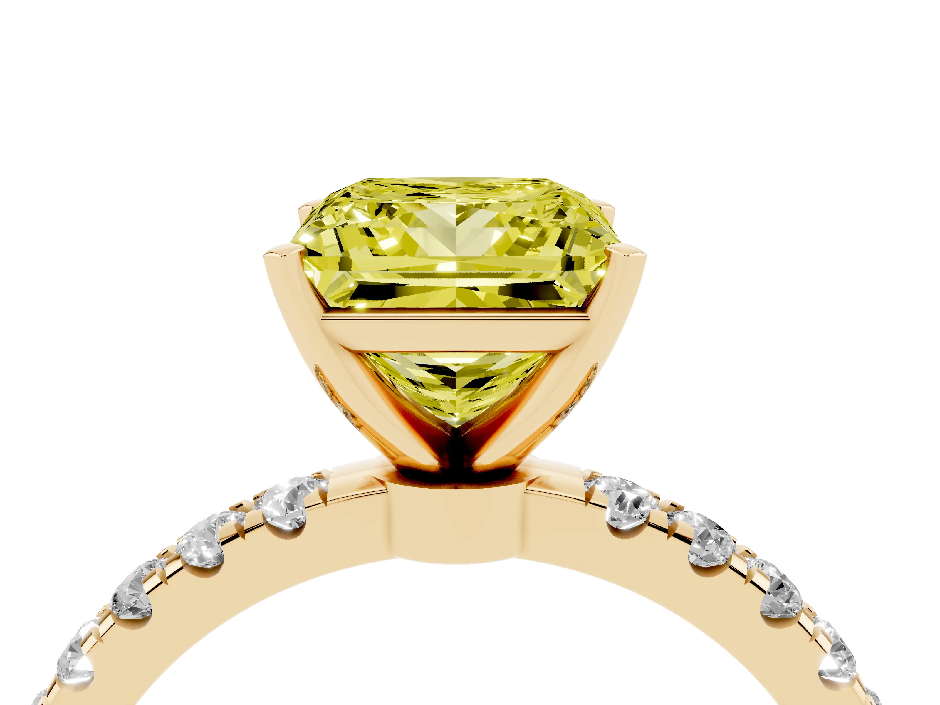 Fancy Yellow Princess Cut Diamond Solitaire Ring Set in Yellow gold with Pavé Accents and Prong Setting