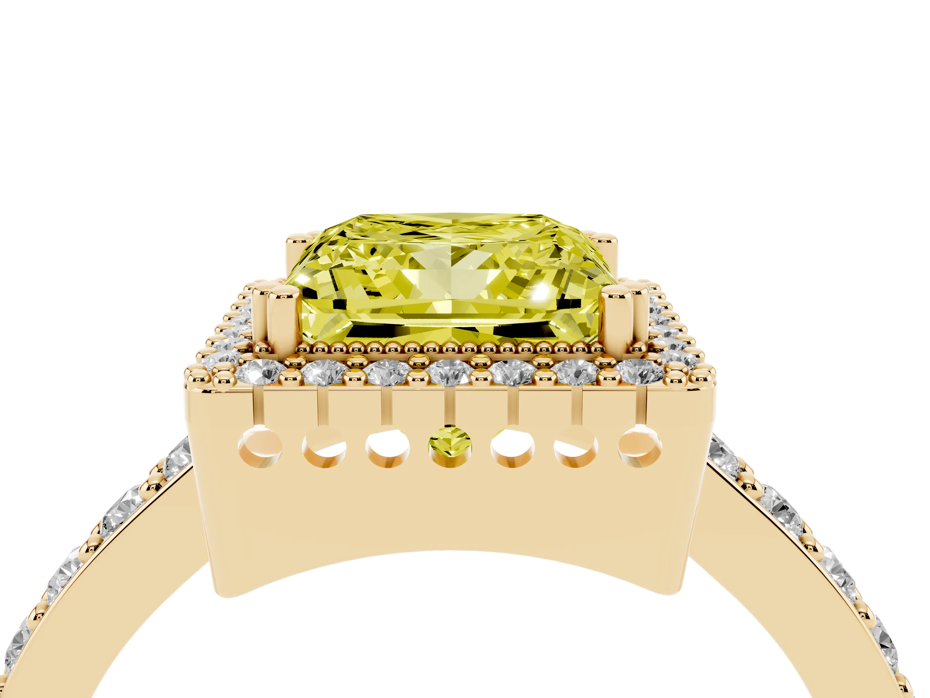 Fancy Yellow Princess Cut Diamond Halo Engagement Ring Set in Yellow gold with Milgrain Detail and Pavé Band