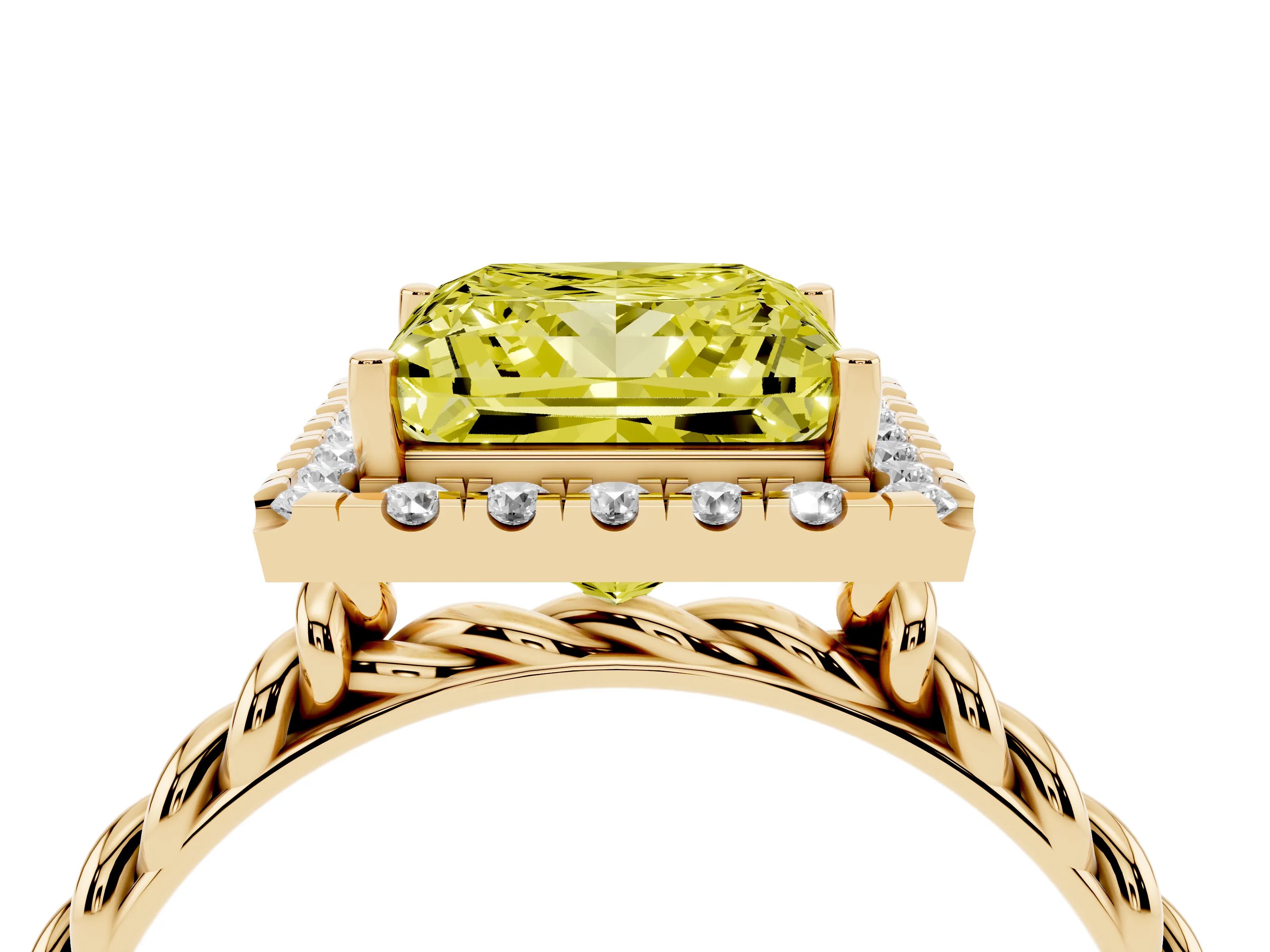 Fancy Yellow Princess Cut Diamond Halo Ring Set in Yellow gold with Plain Twisted Band