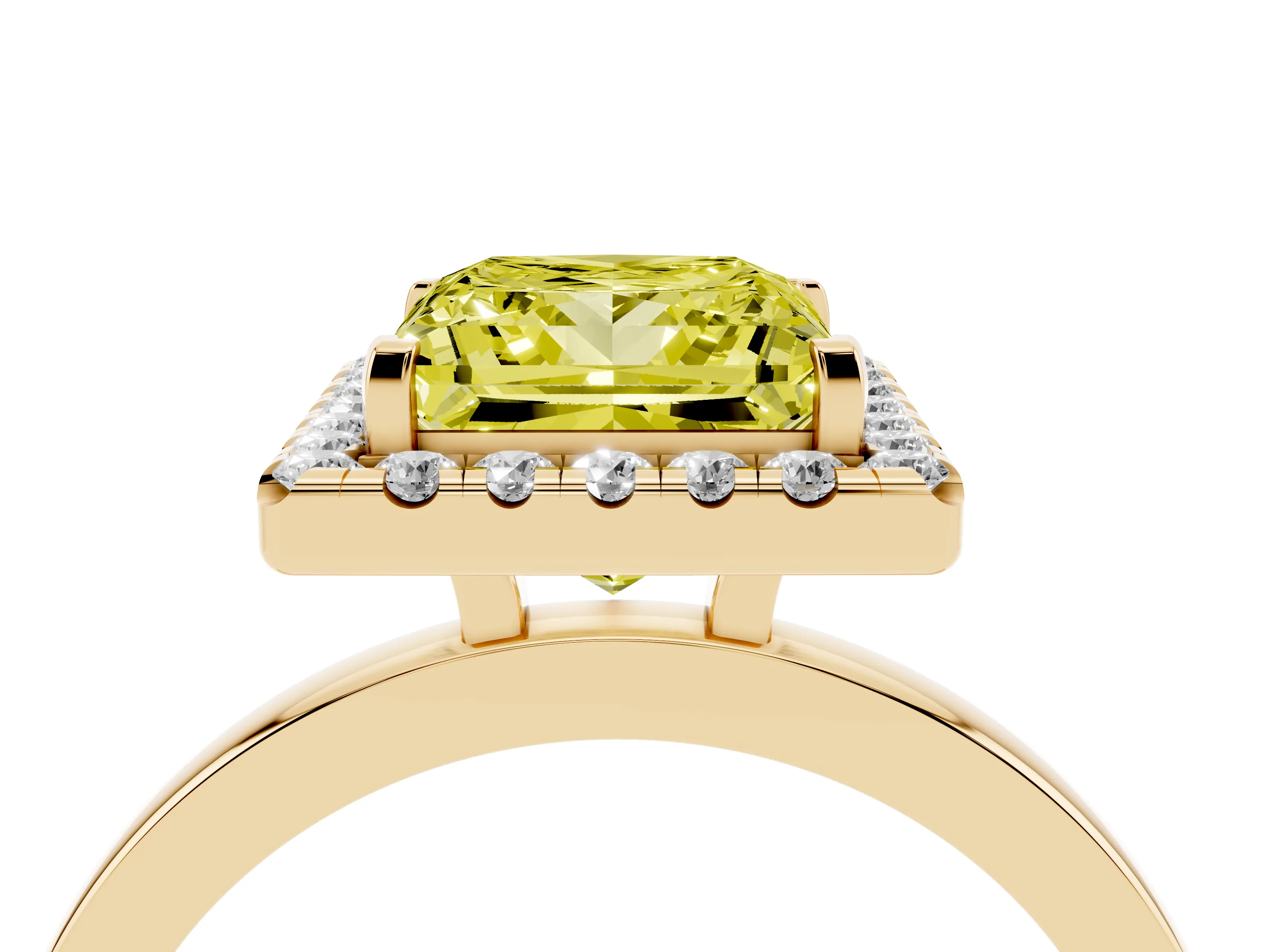 Fancy Yellow Princess Cut Diamond Halo Solitaire Ring Set in Yellow gold with Pavé Band and Prong Setting